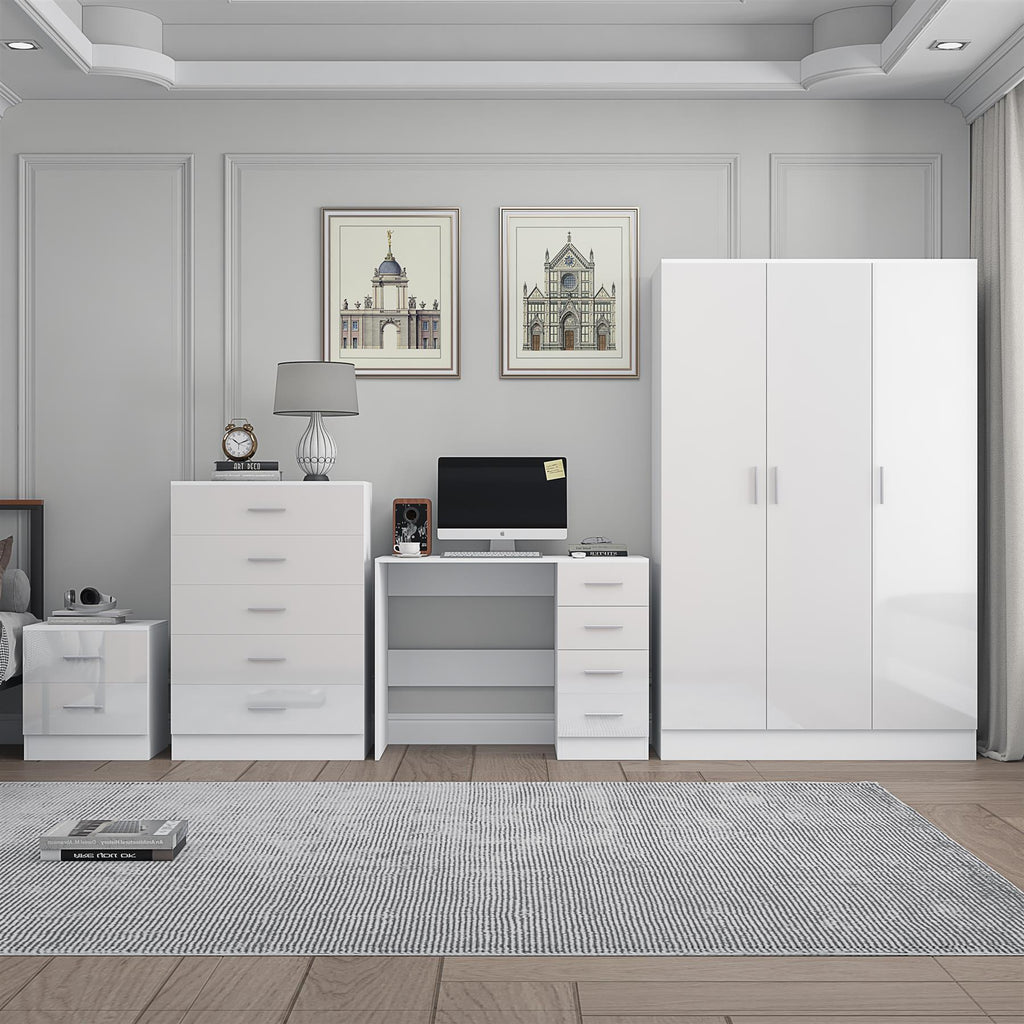Reflect 3 Door Plain Wardrobe, 5 Drawer Chest, 2 Drawer Bedside & Desk - White Gloss & Matt White - Modern Bedroom Furniture Set