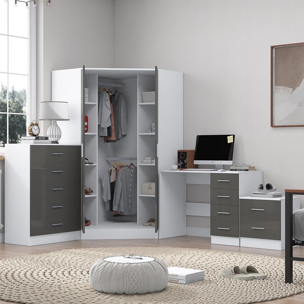 REFLECT Gloss 4pc Set - 2 Door Corner Wardrobe + 5 Draw Chest + Bedside + Desk