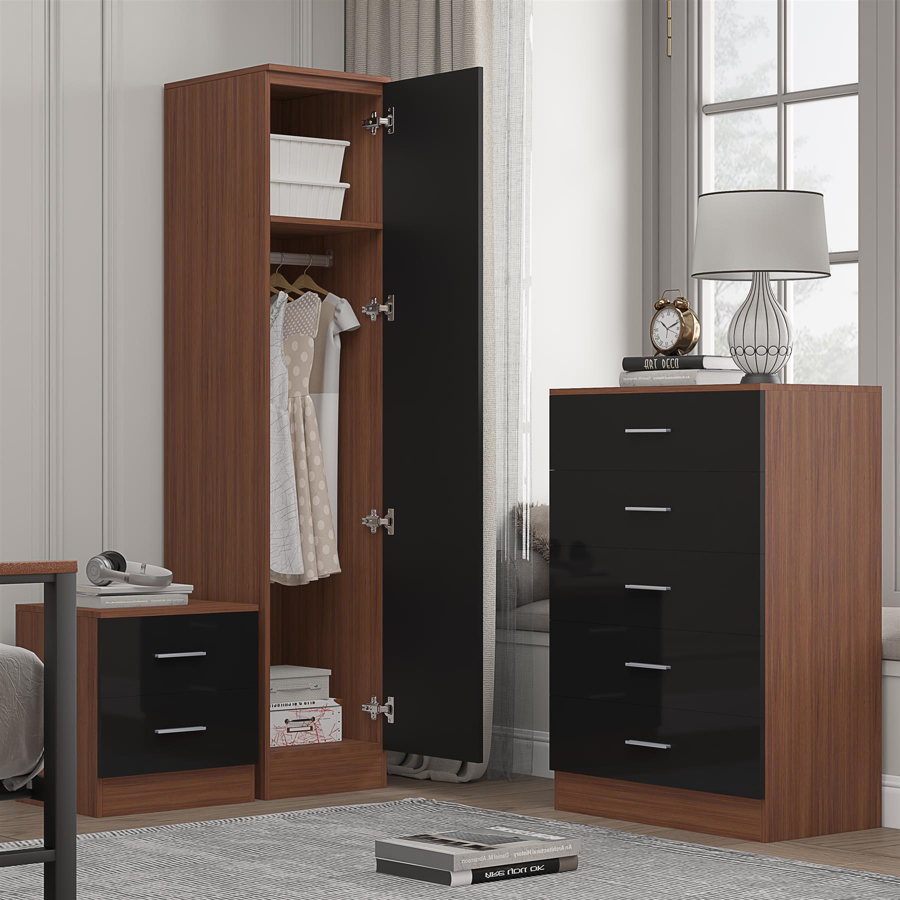 REFLECT Gloss 3pc Bedroom Set - 1 Door Wardrobe + 5 Draw Chest + Bedside