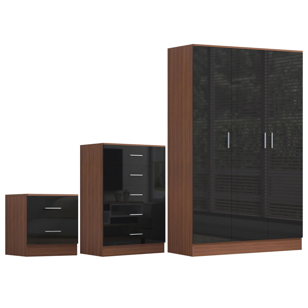 REFLECT Gloss 3pc Bedroom Set - 3 Door Wardrobe + 5 Draw Chest + Bedside