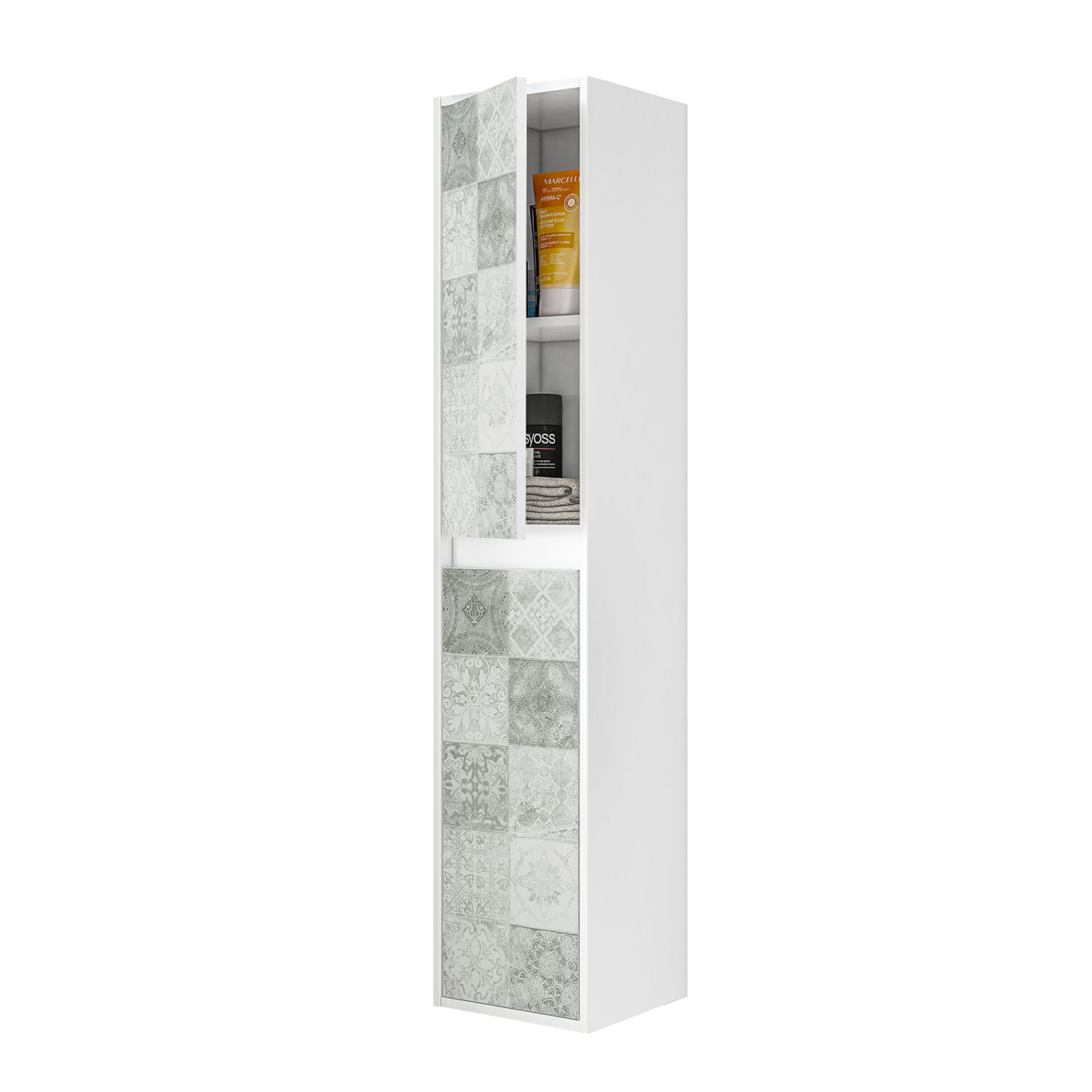 DUE 2 Door Wall Hung Bathroom Tall Storage Cabinet - White & Grey Tile Effect
