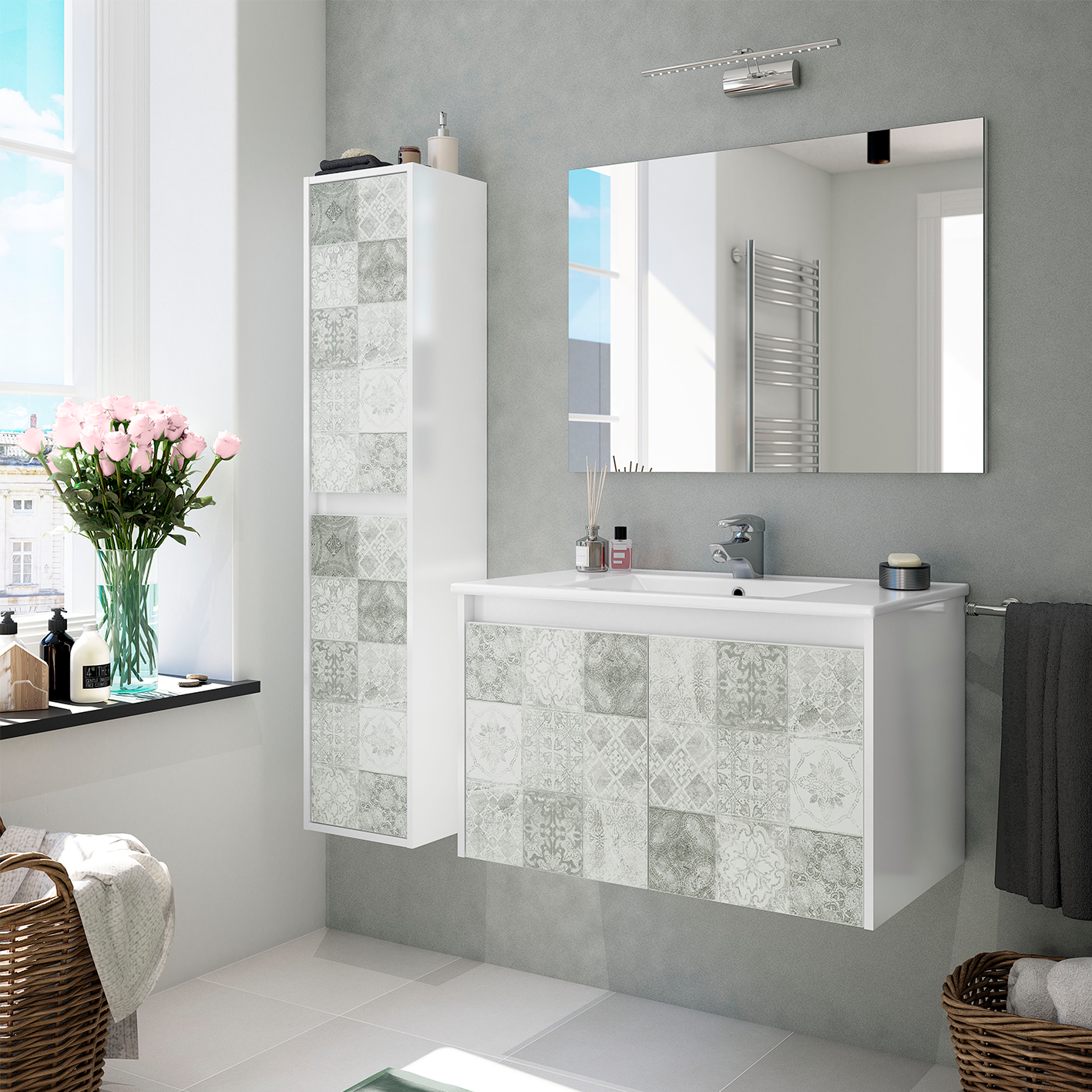 DUE 2 Door Wall Hung Bathroom Tall Storage Cabinet - White & Grey Tile Effect