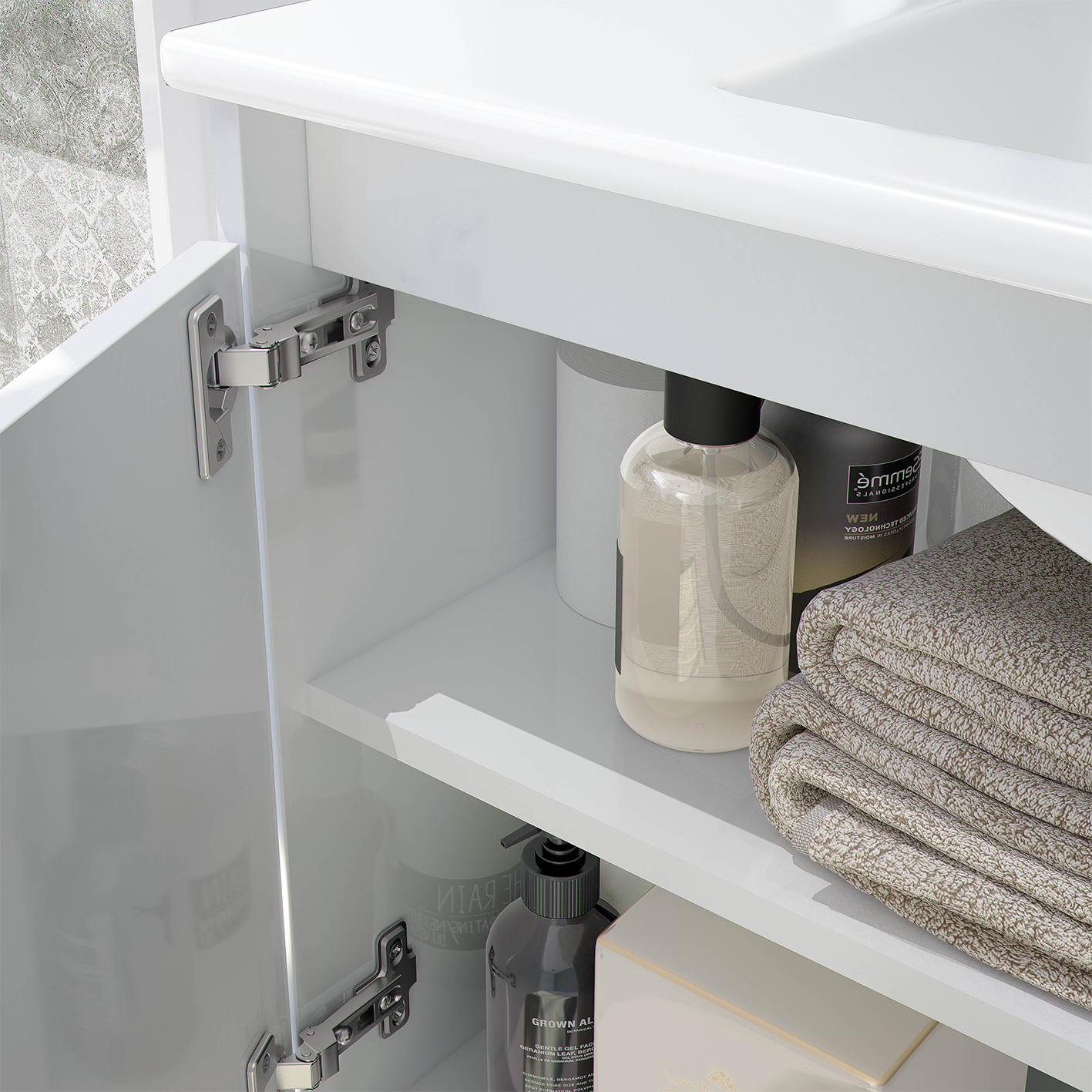 DUE 2 Door Wall Hung Bathroom Tall Storage Cabinet - White & Grey Tile Effect