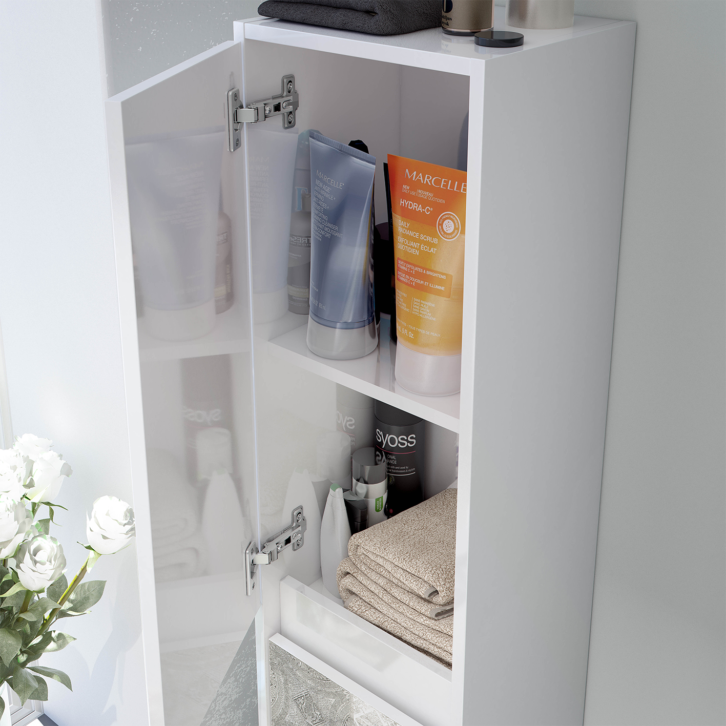 DUE 2 Door Wall Hung Bathroom Tall Storage Cabinet - White & Grey Tile Effect