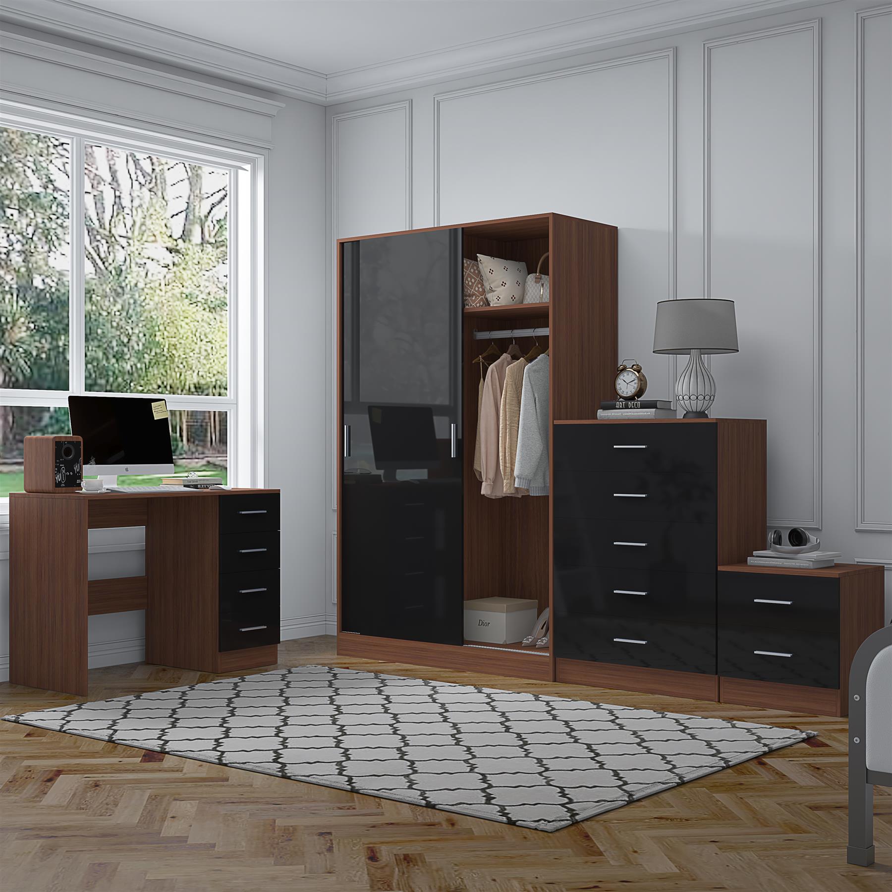 Reflect 2 Door Sliding Wardrobe, 5 Drawer Chest, 2 Drawer Bedside & Desk - Black Gloss & Walnut - Modern Bedroom Furniture Set