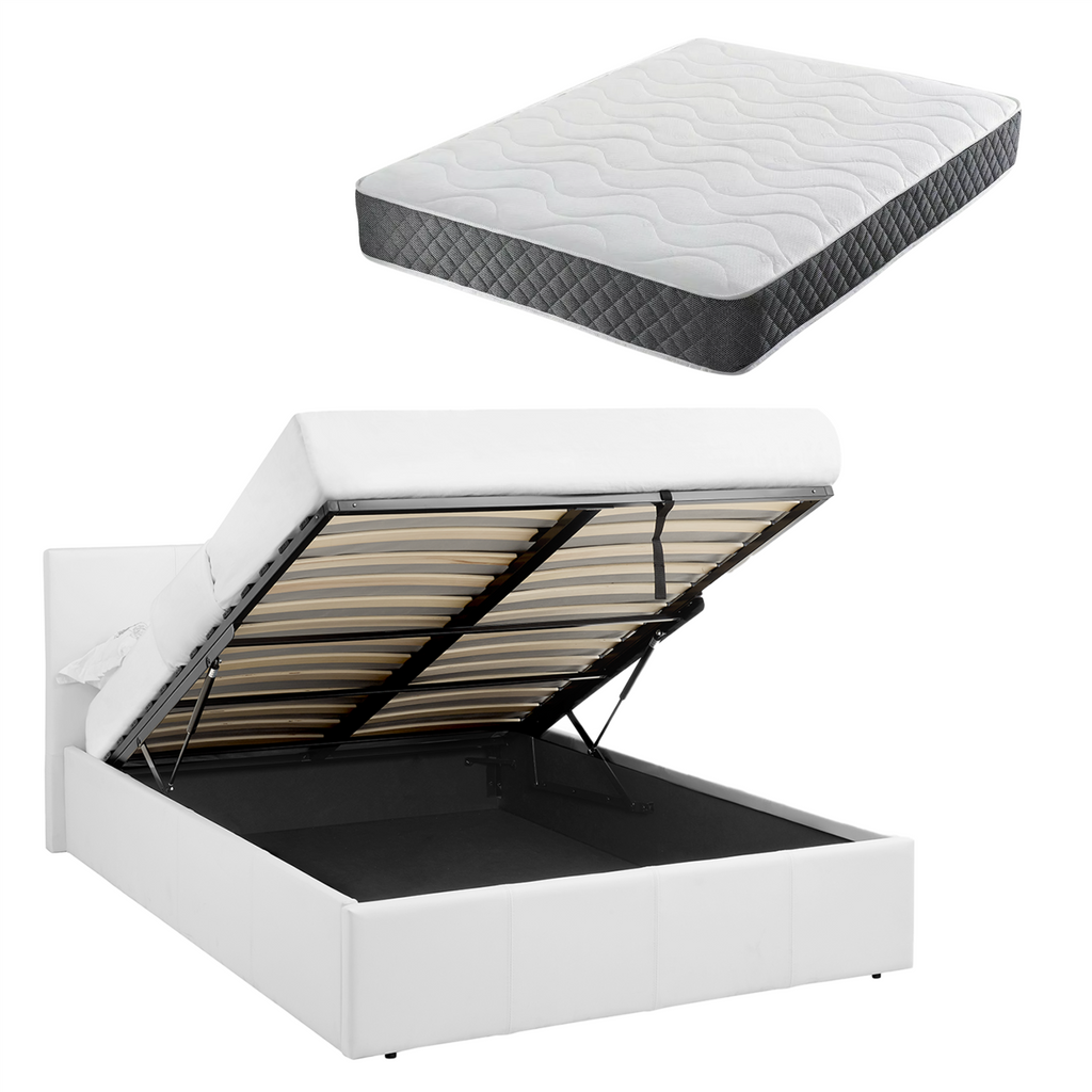LUNA 4FT6 Double White Ottoman Storage Bed with Gas Lift Up & Memory Foam & Spring Mattress