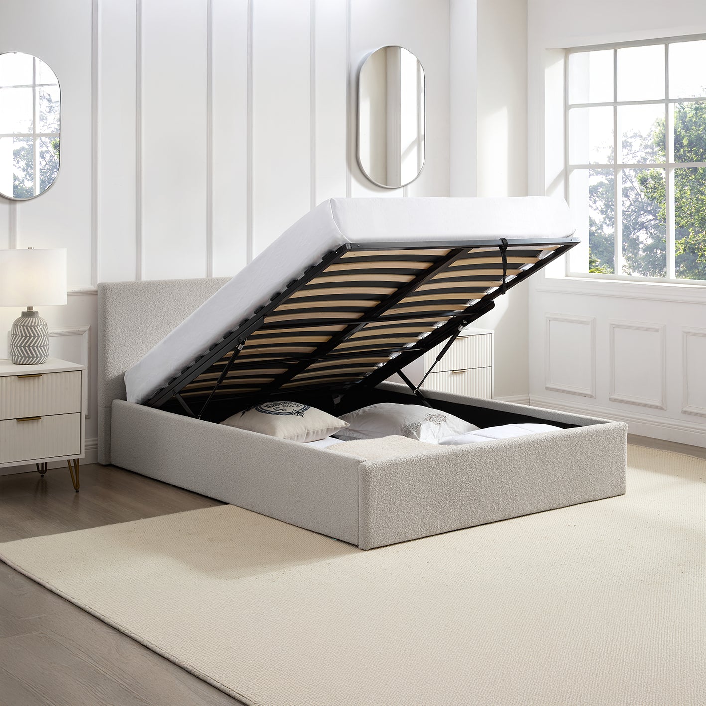 TEDDY BOUCLE 4FT Small Double Beige Ottoman Storage Bed Gas Lift Up - (L) 203cm x (W) 138cm with 15cm Memory Foam Mattress