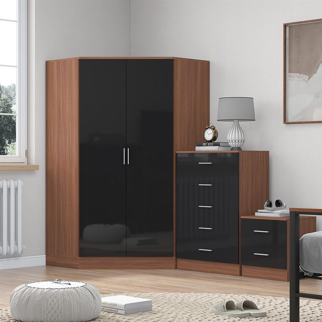 Reflect 2 Door Corner Wardrobe, 5 Drawer Chest, 2 Drawer Bedside - Black Gloss & Walnut - Bedroom Furniture Set