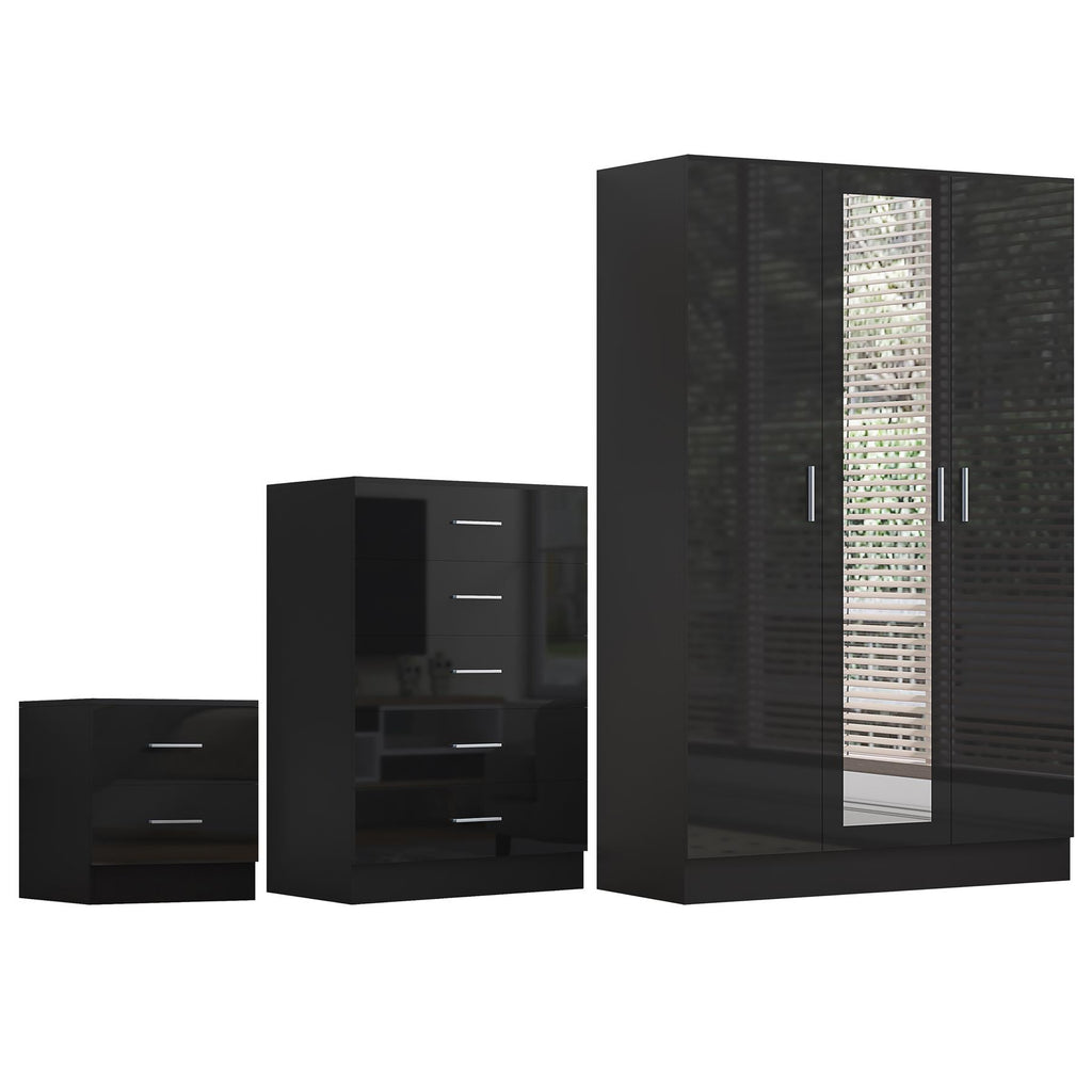 REFLECT Gloss 3pc Set - 3 Door Mirrored Wardrobe + 5 Draw Chest + Bedside