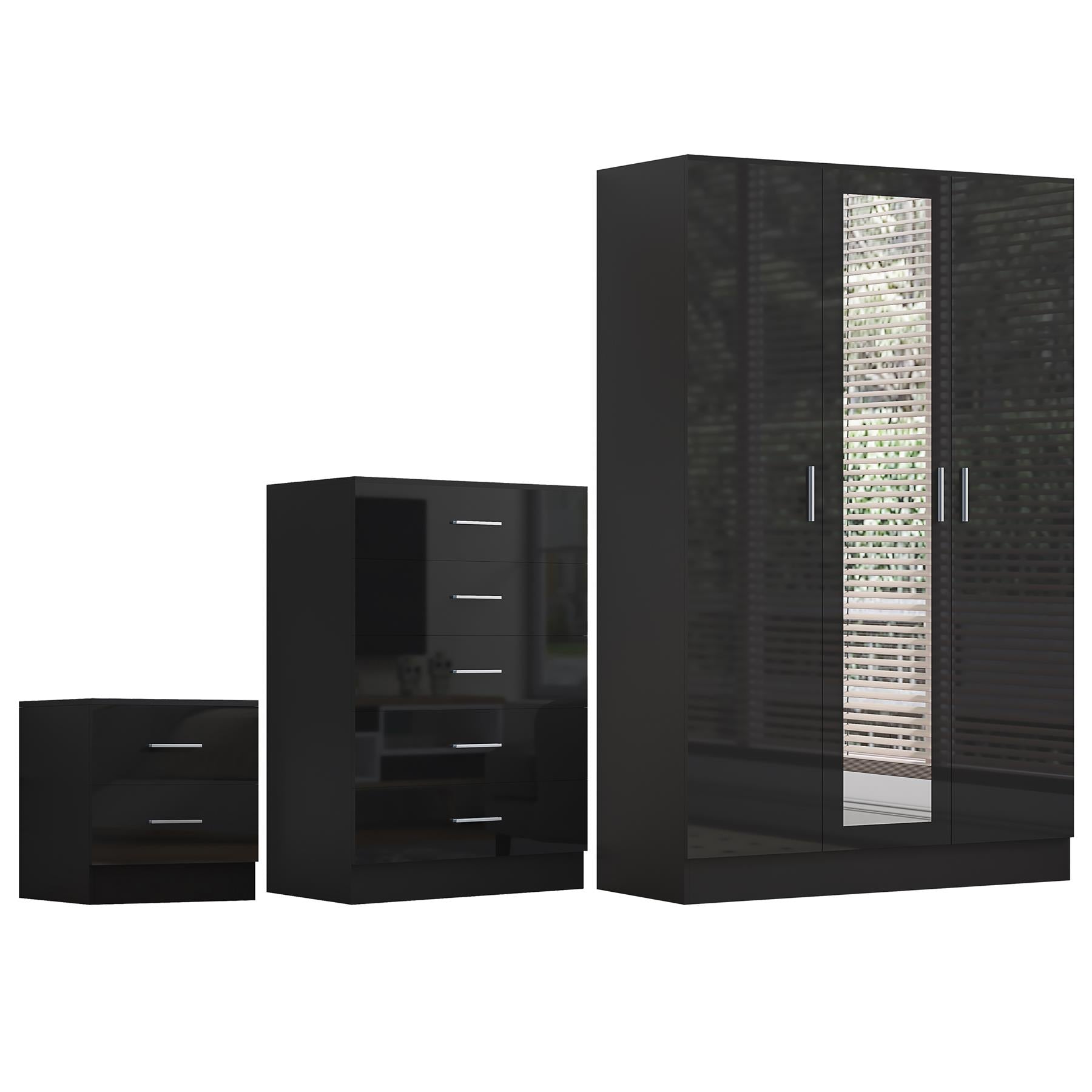 REFLECT Gloss 3pc Set - 3 Door Mirrored Wardrobe + 5 Draw Chest + Bedside