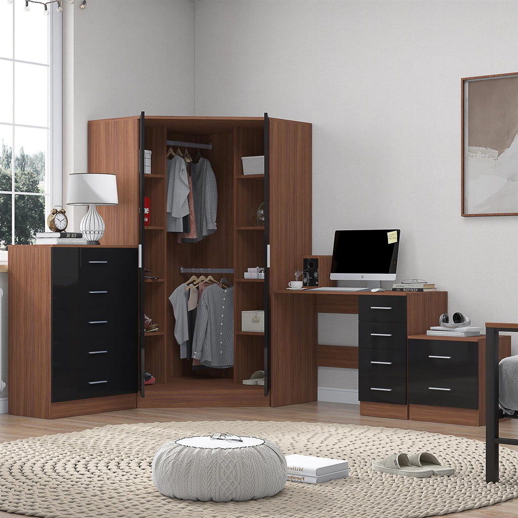 Reflect 2 Door Corner Wardrobe, 5 Drawer Chest, 2 Drawer Bedside & Desk - Black Gloss & Walnut - Bedroom Furniture Set