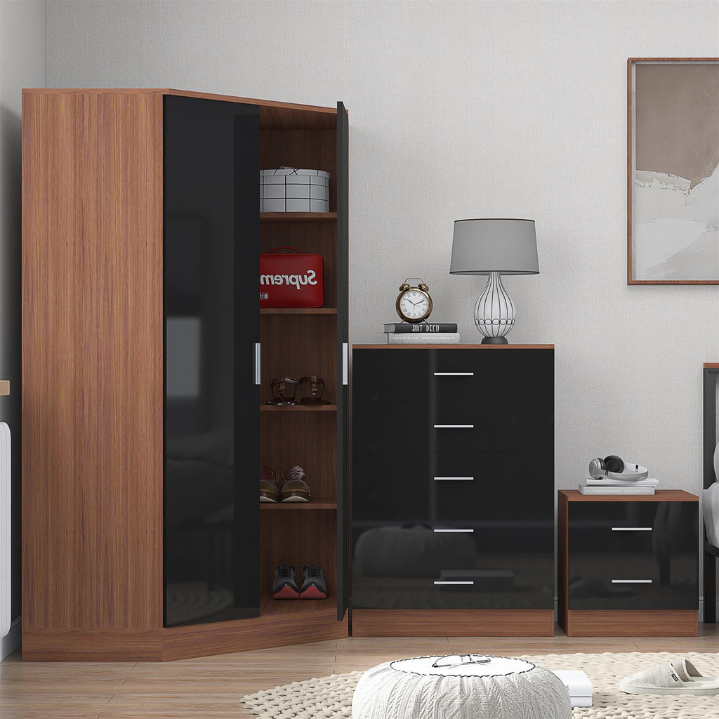 Reflect 2 Door Corner Wardrobe, 5 Drawer Chest, 2 Drawer Bedside - Black Gloss & Walnut - Bedroom Furniture Set