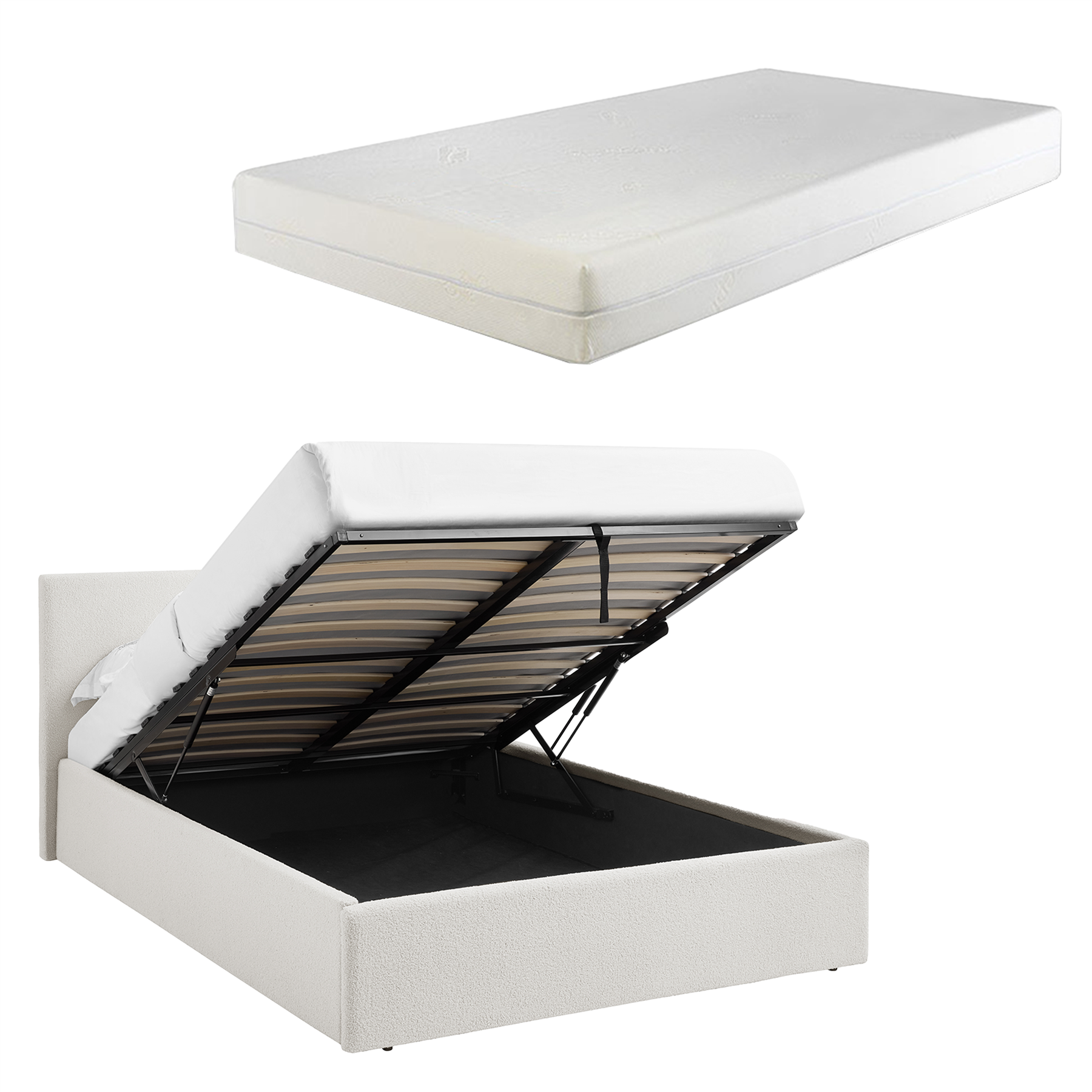 TEDDY Boucle Gas Lift Ottoman Storage Bed in White with 4 Size + Mattress Option