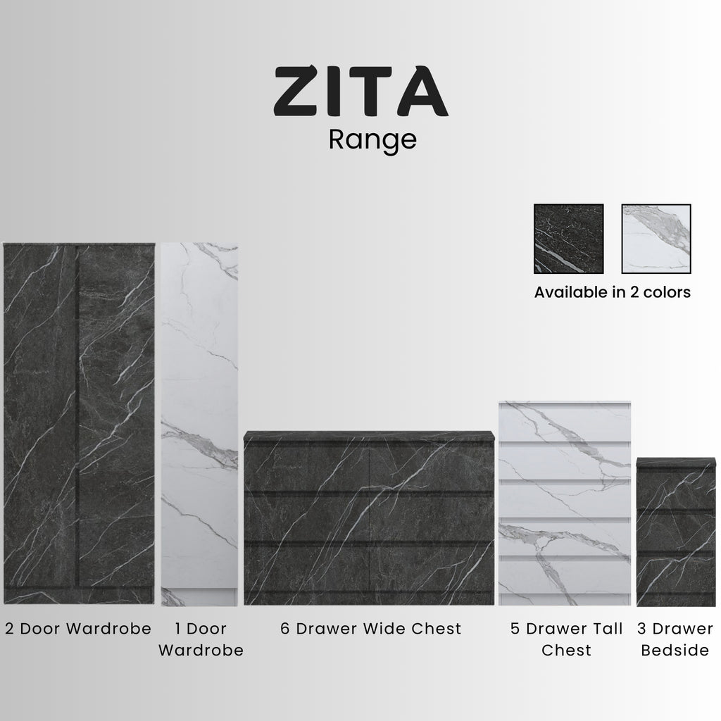 ZITA Bedroom Furniture Wardrobe Chest Bedside in White OR Grey Marble Colour