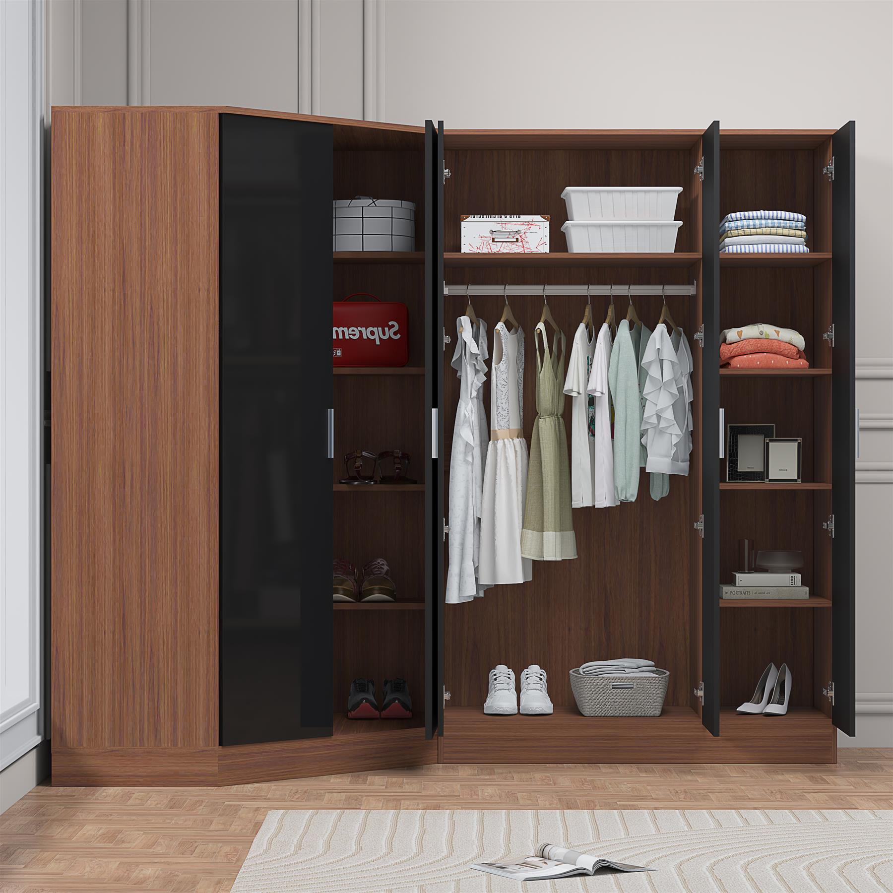 Reflect 2pc Wardrobe Bundle - 2 Door Corner + 3 Door Plain - Black Gloss & Walnut - H: 180cm x W: 179cm x D: 103cm