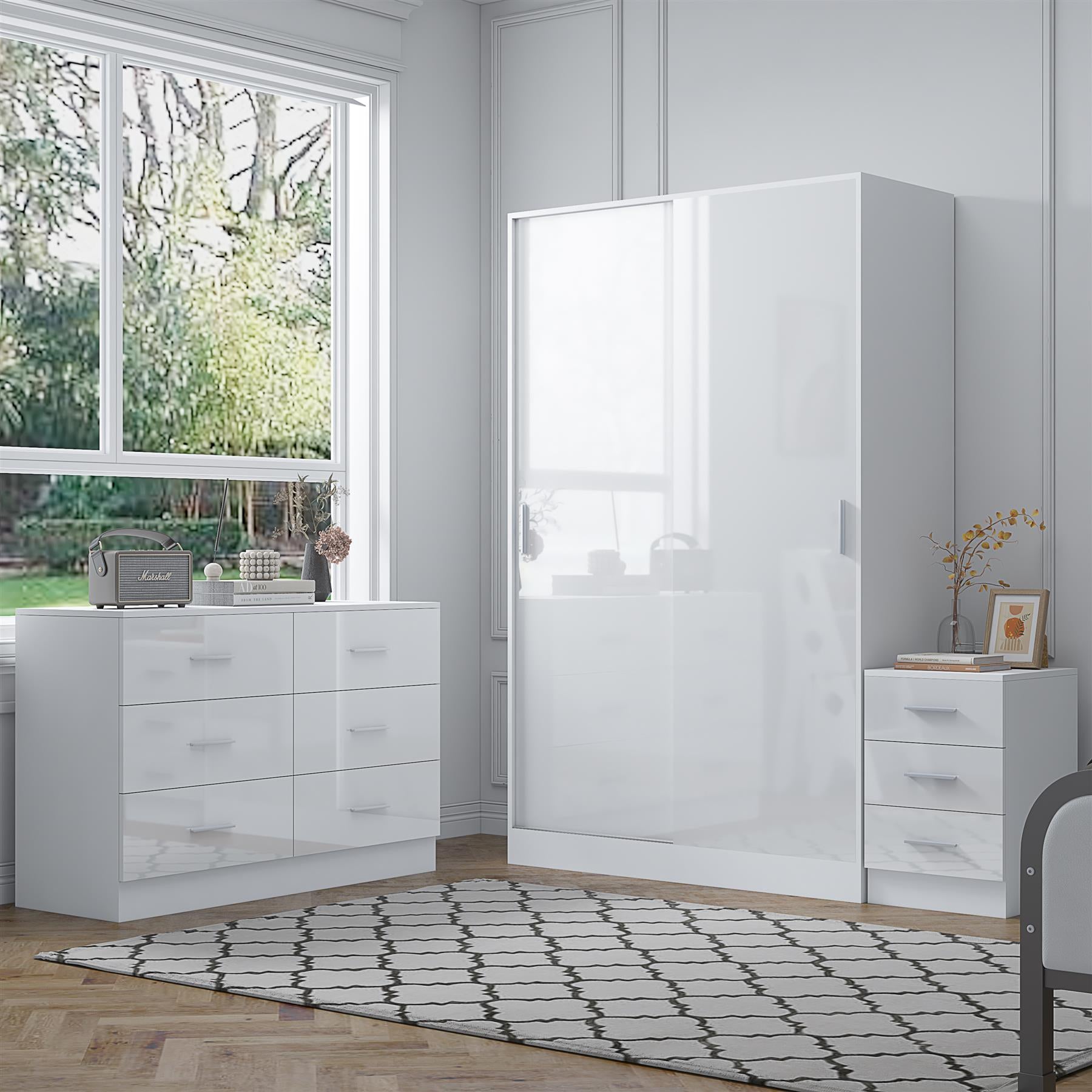 Reflect 2 Door Sliding Wardrobe, 6 Drawer Wide Chest, 3 Drawer Bedside - White Gloss & Matt White - Modern Bedroom Furniture Set