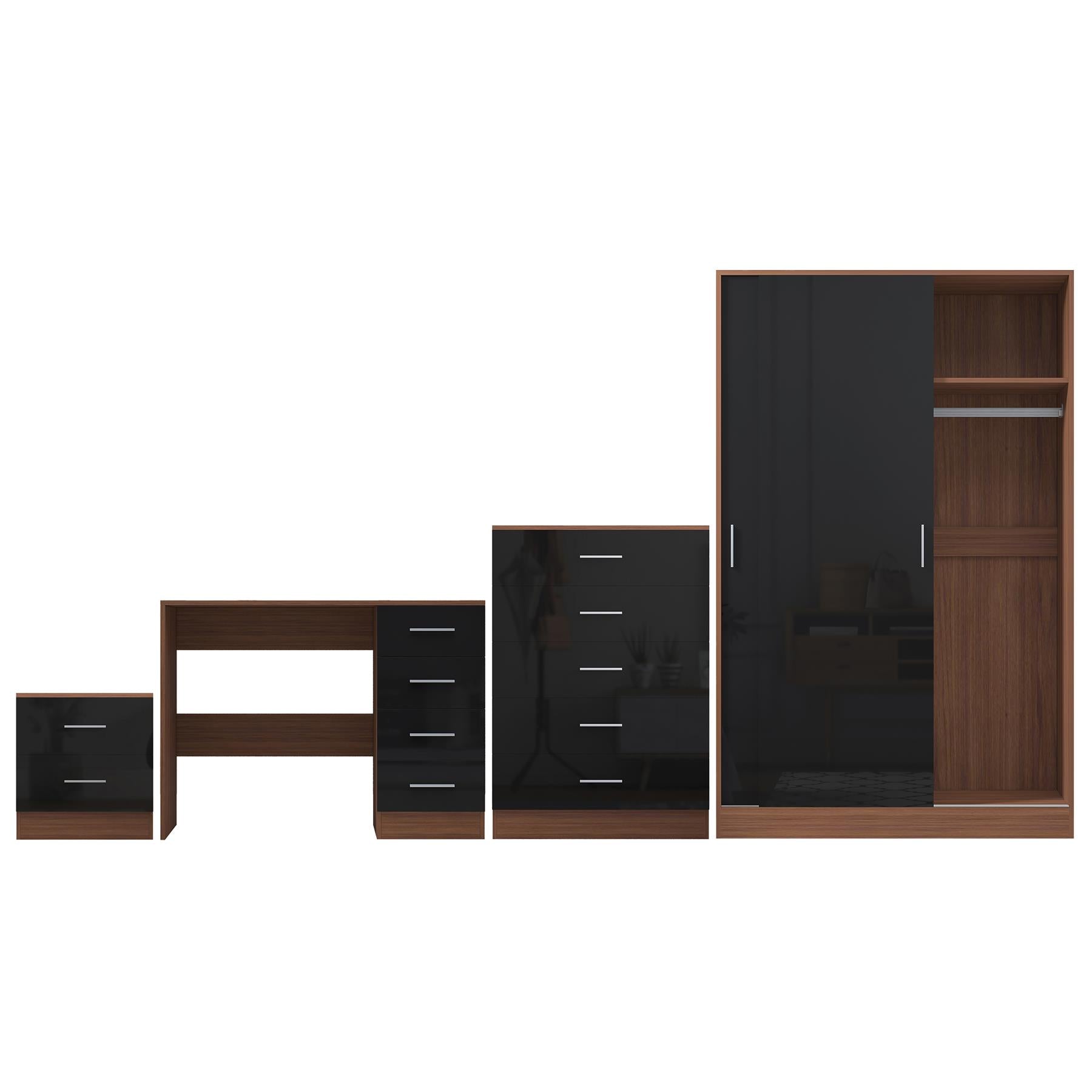 Reflect 2 Door Sliding Wardrobe, 5 Drawer Chest, 2 Drawer Bedside & Desk - Black Gloss & Walnut - Modern Bedroom Furniture Set