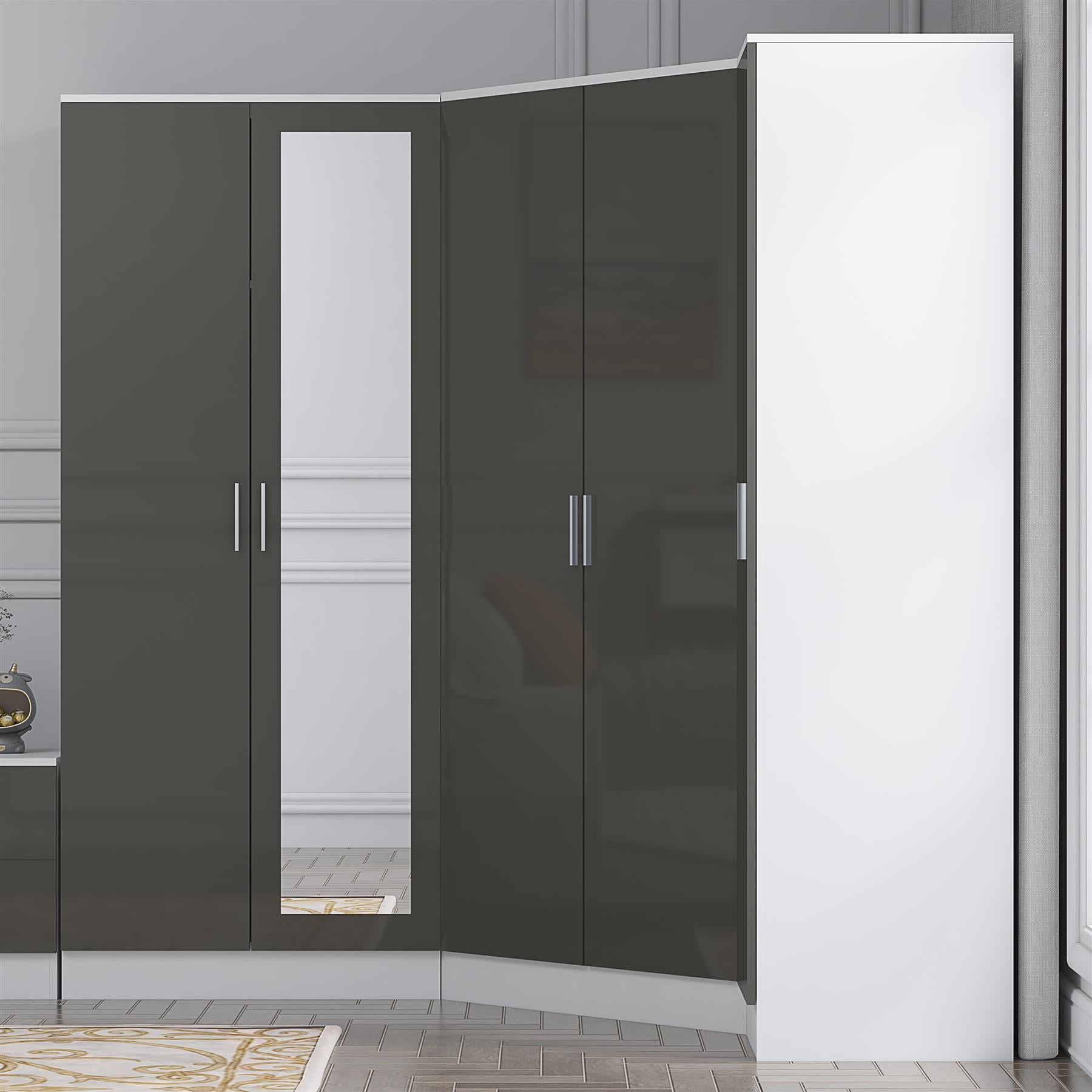 REFLECT Gloss 5 Door Wardrobe Bundle - Corner + 2 Door Mirror + 1 Door Wardrobe
