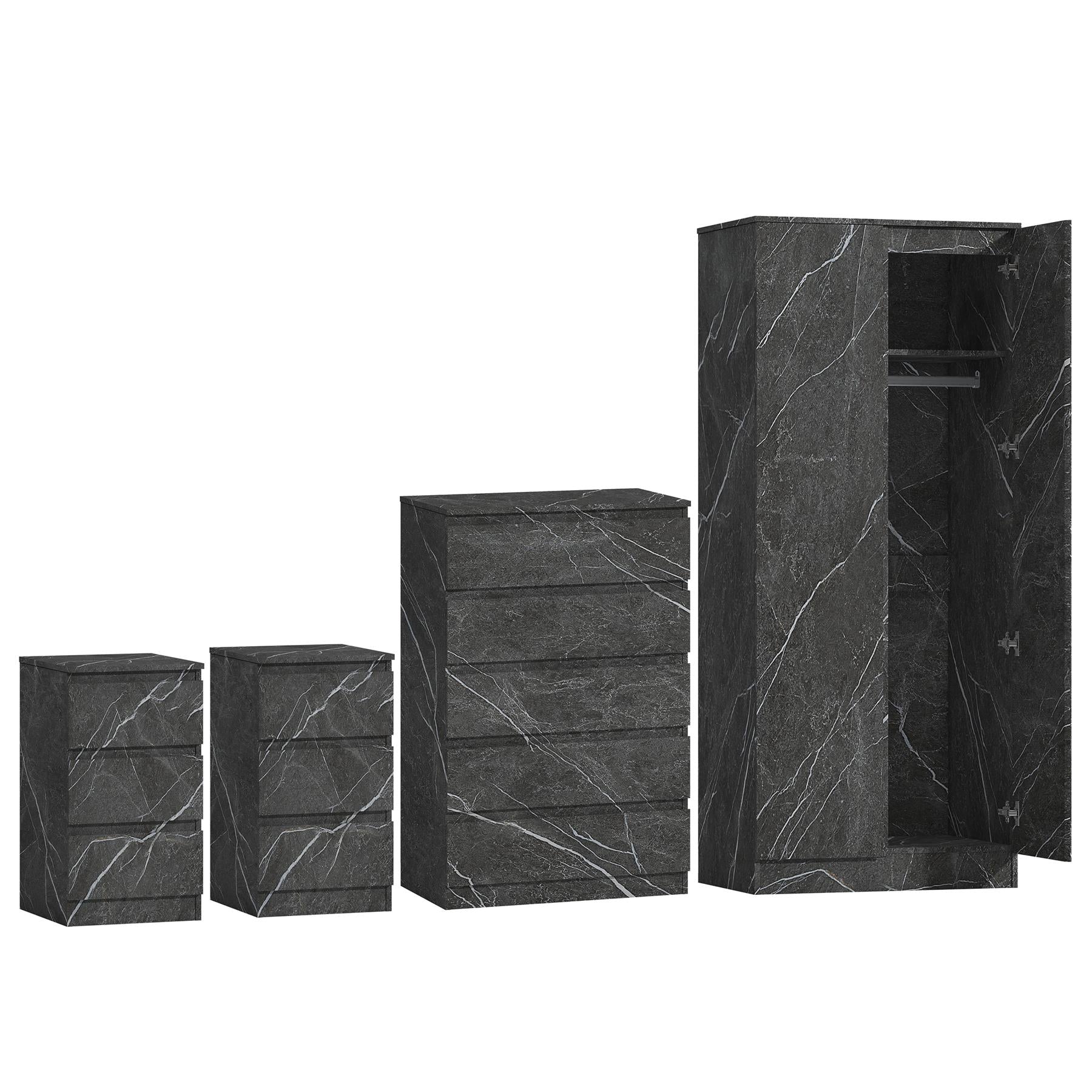 ZITA 4pc Set - 2 Door Wardrobe + Tall Chest + 2 Bedsides in White OR Grey Marble