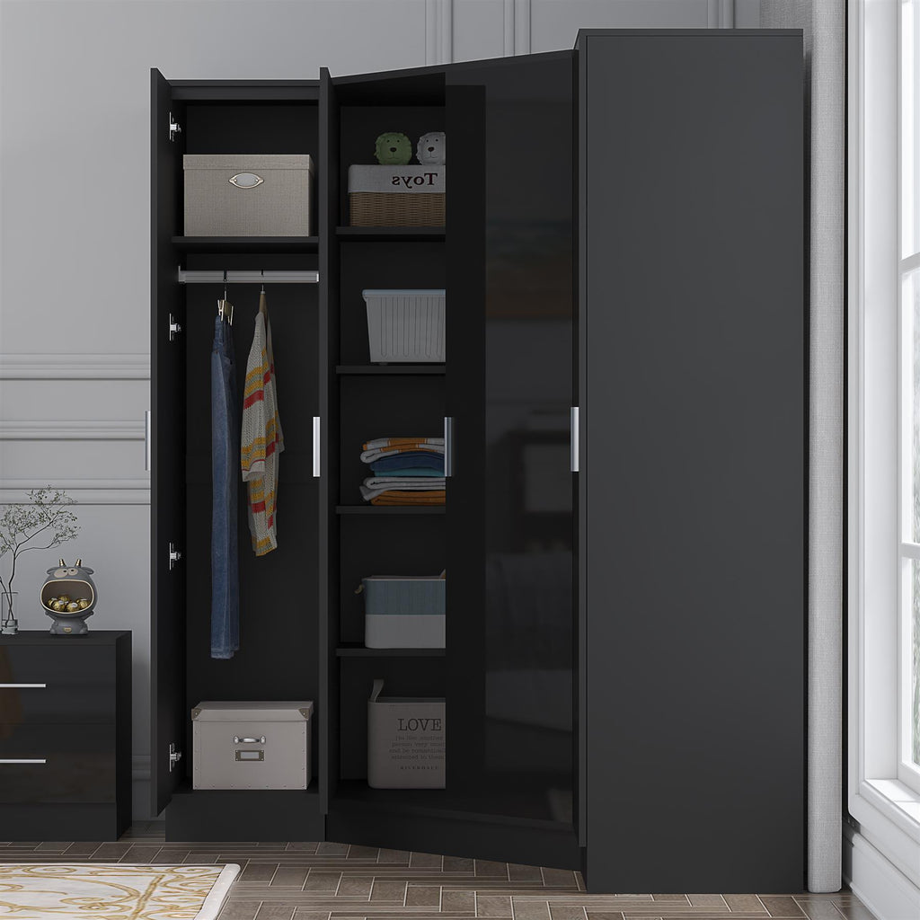 Reflect 3pc Wardrobe Bundle - 2 Door Corner + 2x 1 Door Plain - Black Gloss & Black Oak