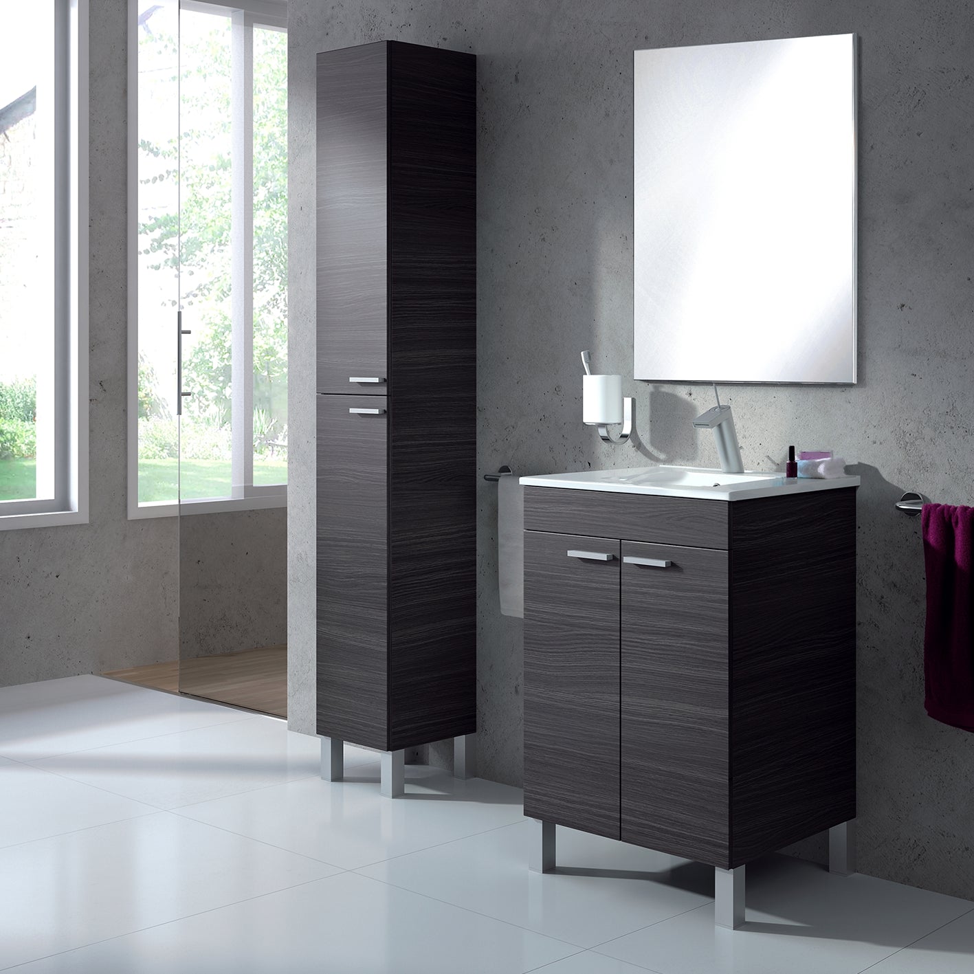 Baltic Grey Ash Wood Effect Tall 2 Door Bathroom Storage Cabinet, Organiser for Toiletries & Towels - H: 182cm x W: 30cm x D: 25cm.