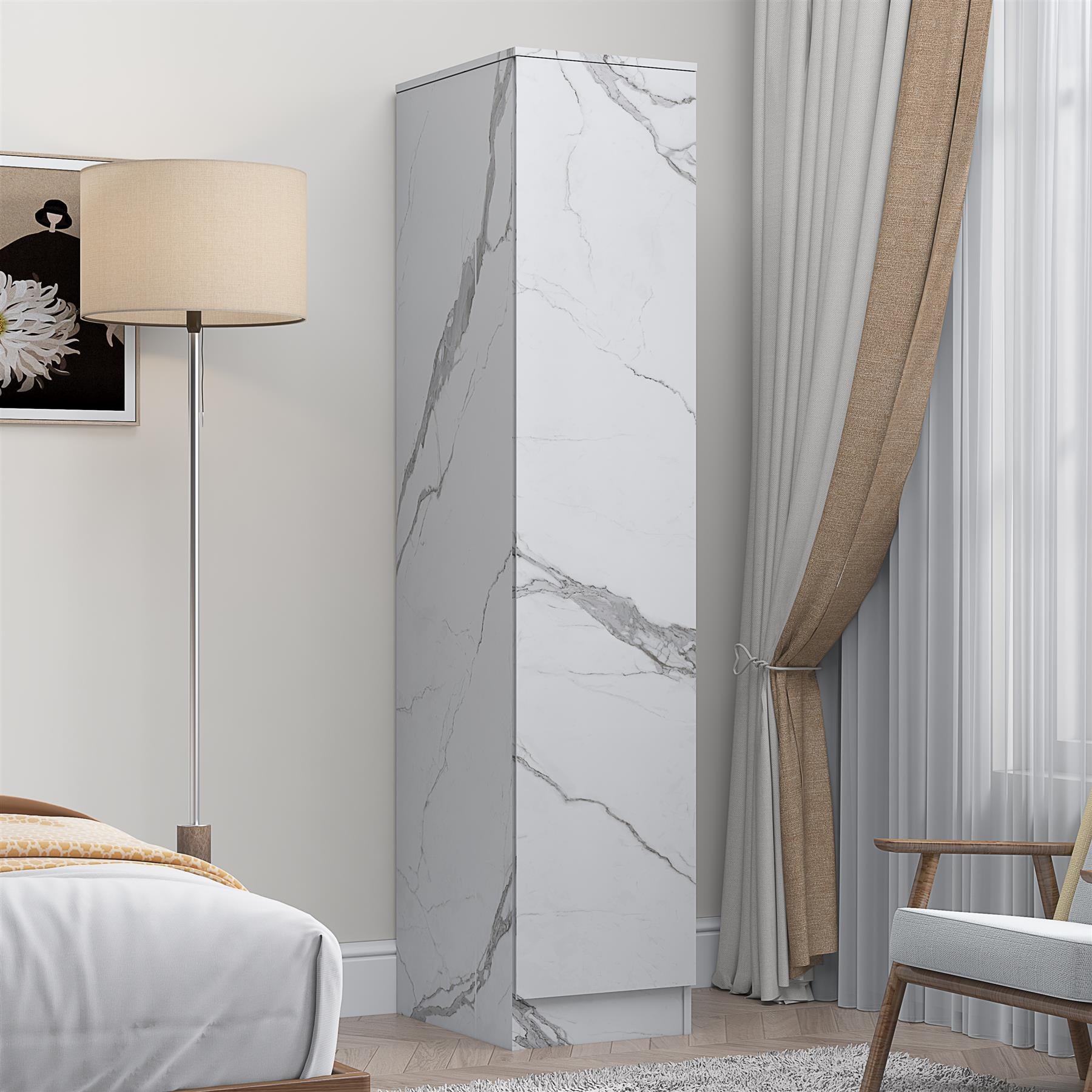 ZITA Compact 1-Door Wardrobe in White Marble Effect - Bedroom Storage, (L) 50cm x (W) 37.5cm x (H) 180cm, Stylish and Space-Saving