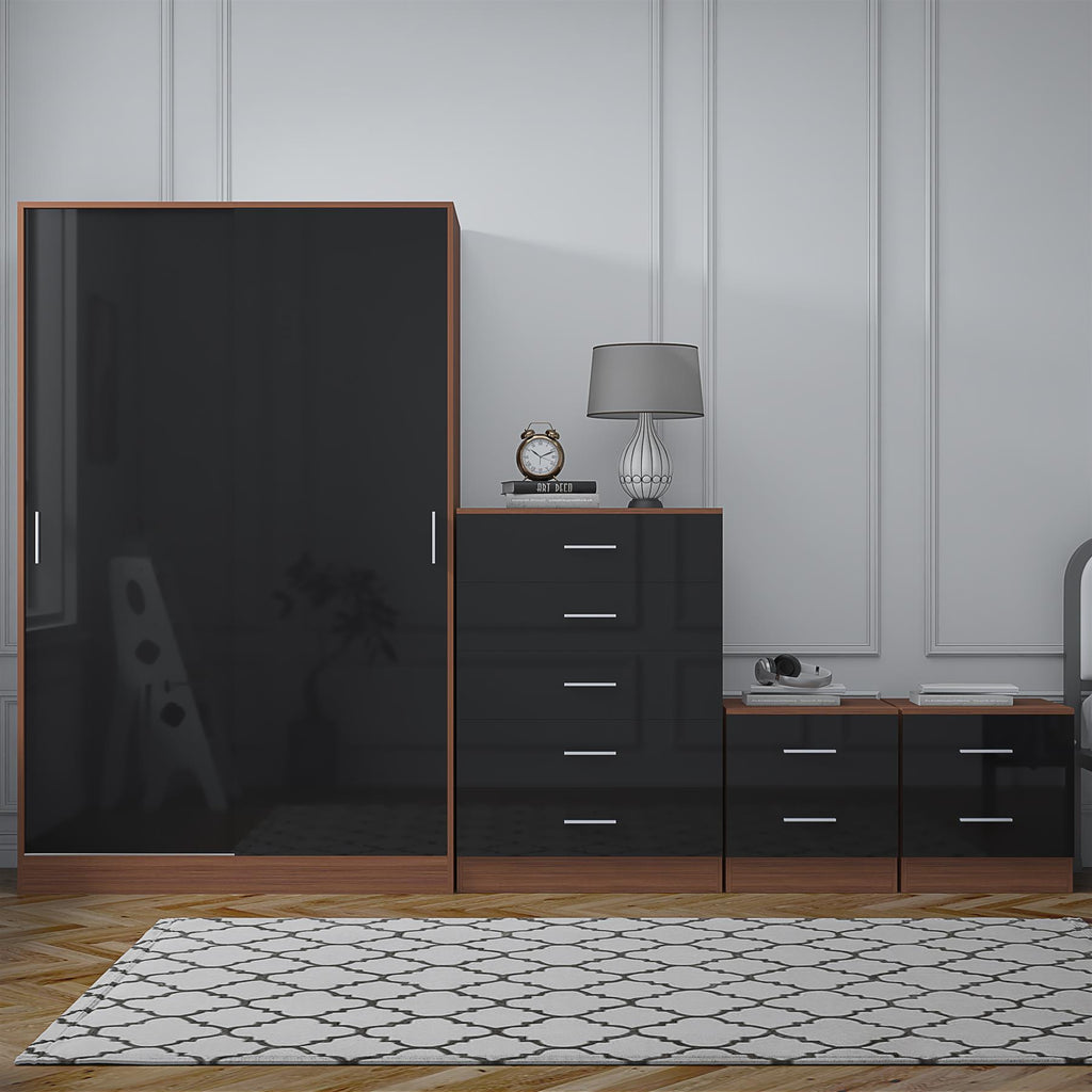 Reflect 2 Door Sliding Wardrobe, 5 Drawer Chest, 2x 2 Drawer Bedsides - Black Gloss & Walnut - Modern Bedroom Furniture Set