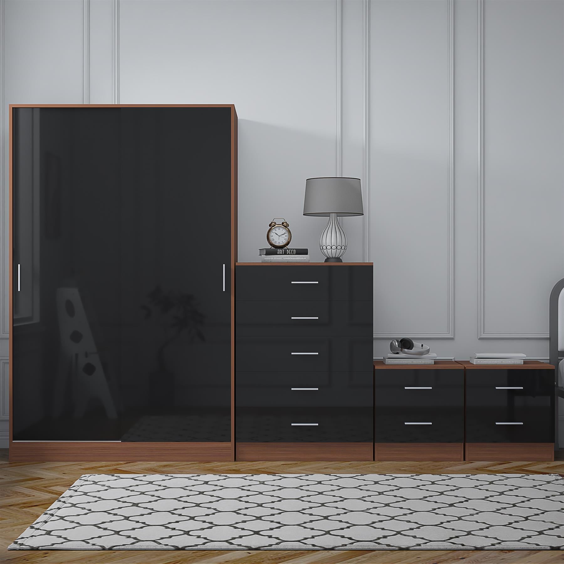 Reflect 2 Door Sliding Wardrobe, 5 Drawer Chest, 2x 2 Drawer Bedsides - Black Gloss & Walnut - Modern Bedroom Furniture Set