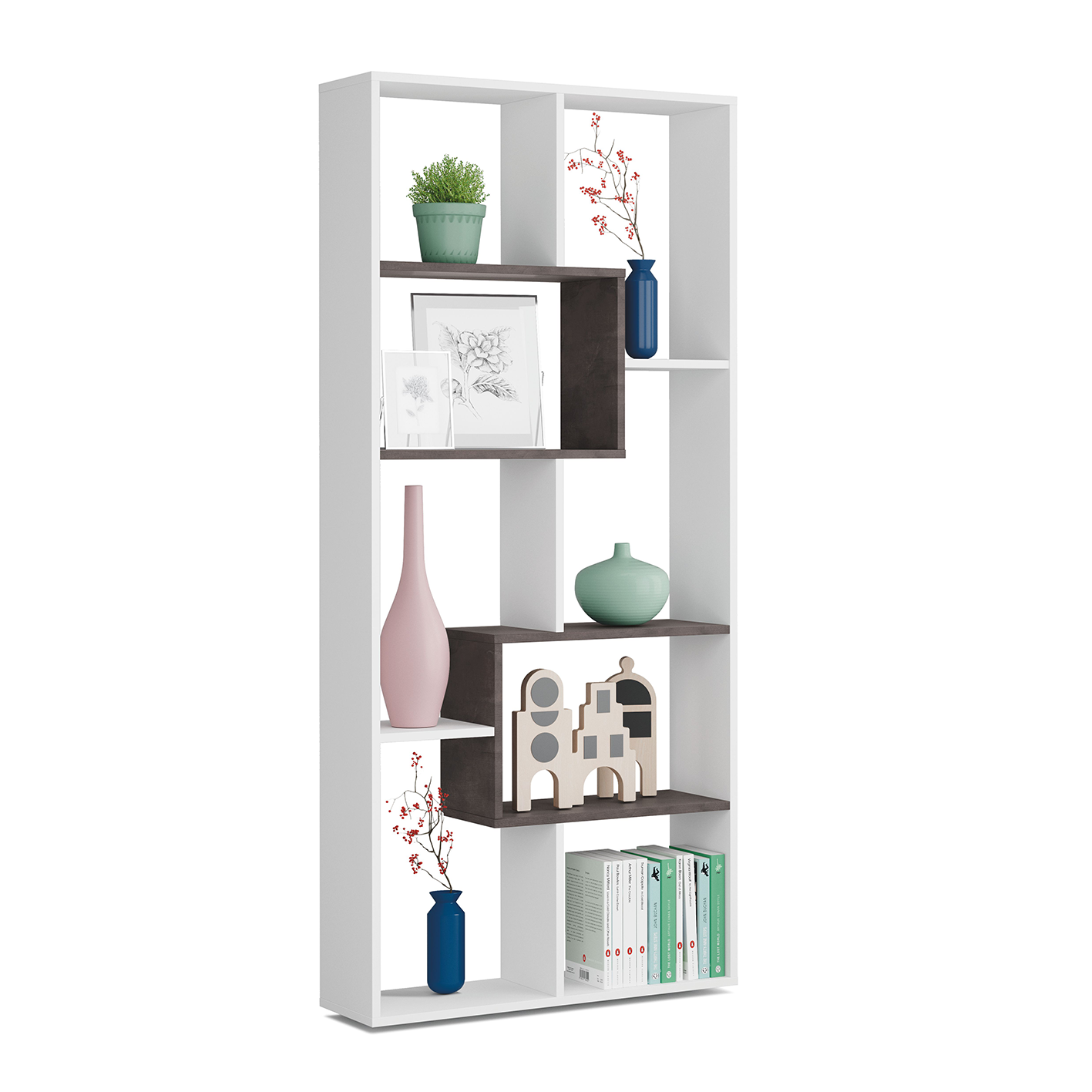 KAWA 7 Tier Open Shelf Modern Bookcase for Bedroom, Living Room & Home Office - H: 180cm x W: 80cm x D: 25cm - White/Dark Brown.