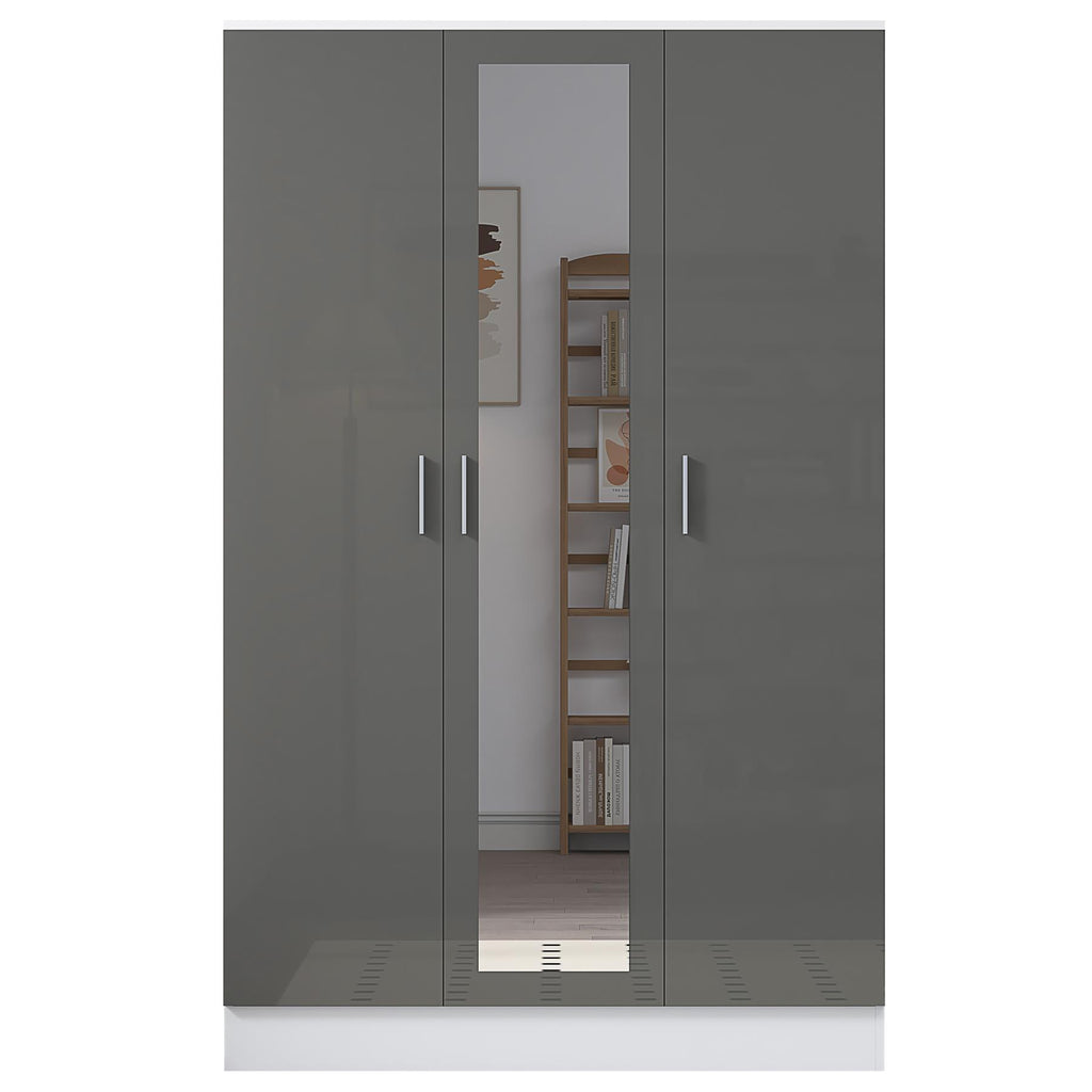 Reflect 3 Door Mirror Wardrobe - Grey Gloss & Matt White - Hanging Rail & 4 Shelves- H: 180cm x W: 113cm x D: 47cm - Modern Design