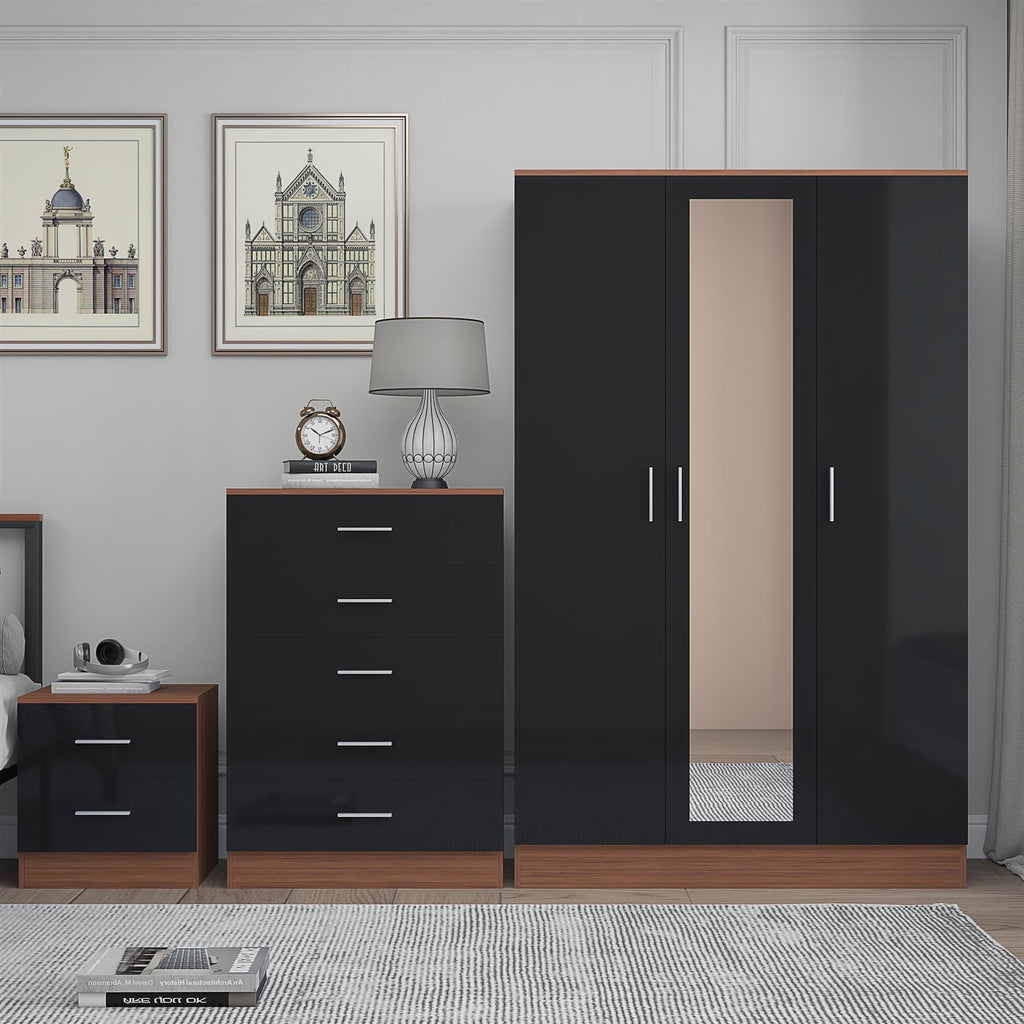 REFLECT Gloss 3pc Set - 3 Door Mirrored Wardrobe + 5 Draw Chest + Bedside