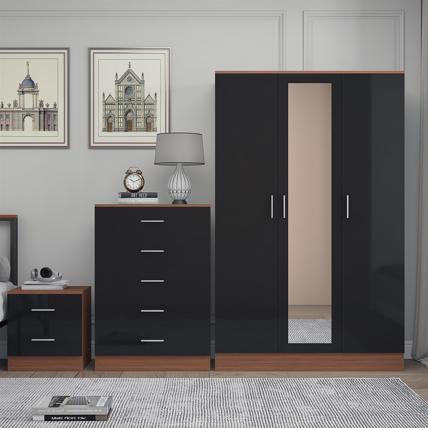 REFLECT Gloss 3pc Set - 3 Door Mirrored Wardrobe + 5 Draw Chest + Bedside