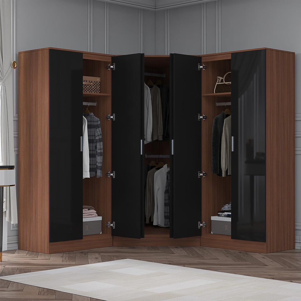 Reflect 3pc Wardrobe Bundle - 2 Door Corner + 2x 2 Door Plain - Black Gloss & Walnut