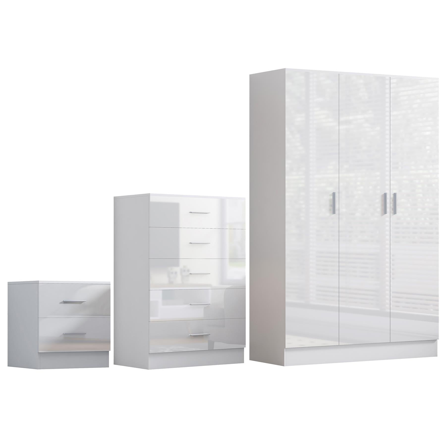 REFLECT Gloss 3pc Bedroom Set - 3 Door Wardrobe + 5 Draw Chest + Bedside