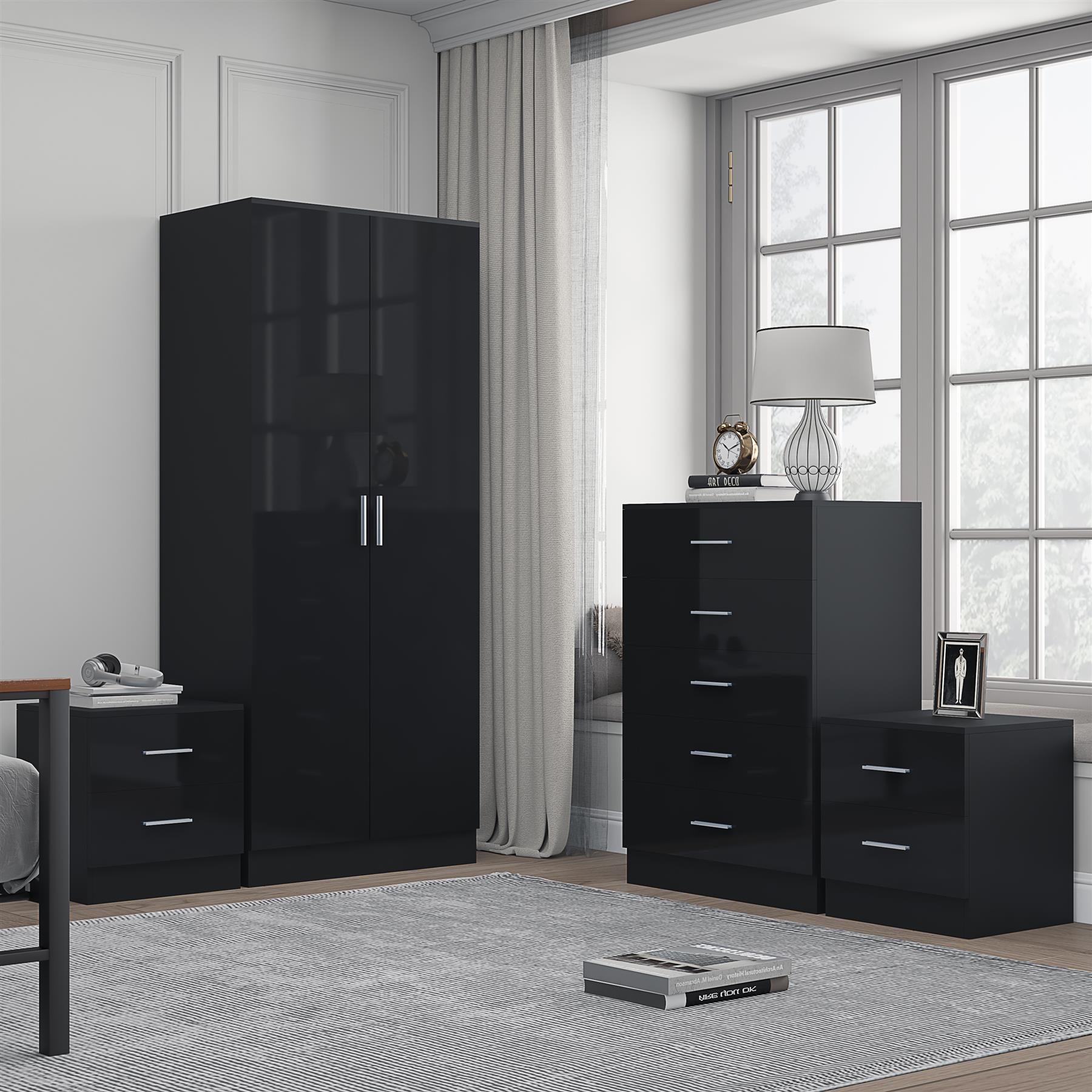 Reflect 2 Door Plain Wardrobe, 5 Drawer Chest, 2x 2 Drawer Bedsides - Black Gloss & Black Oak - Modern Bedroom Furniture Set