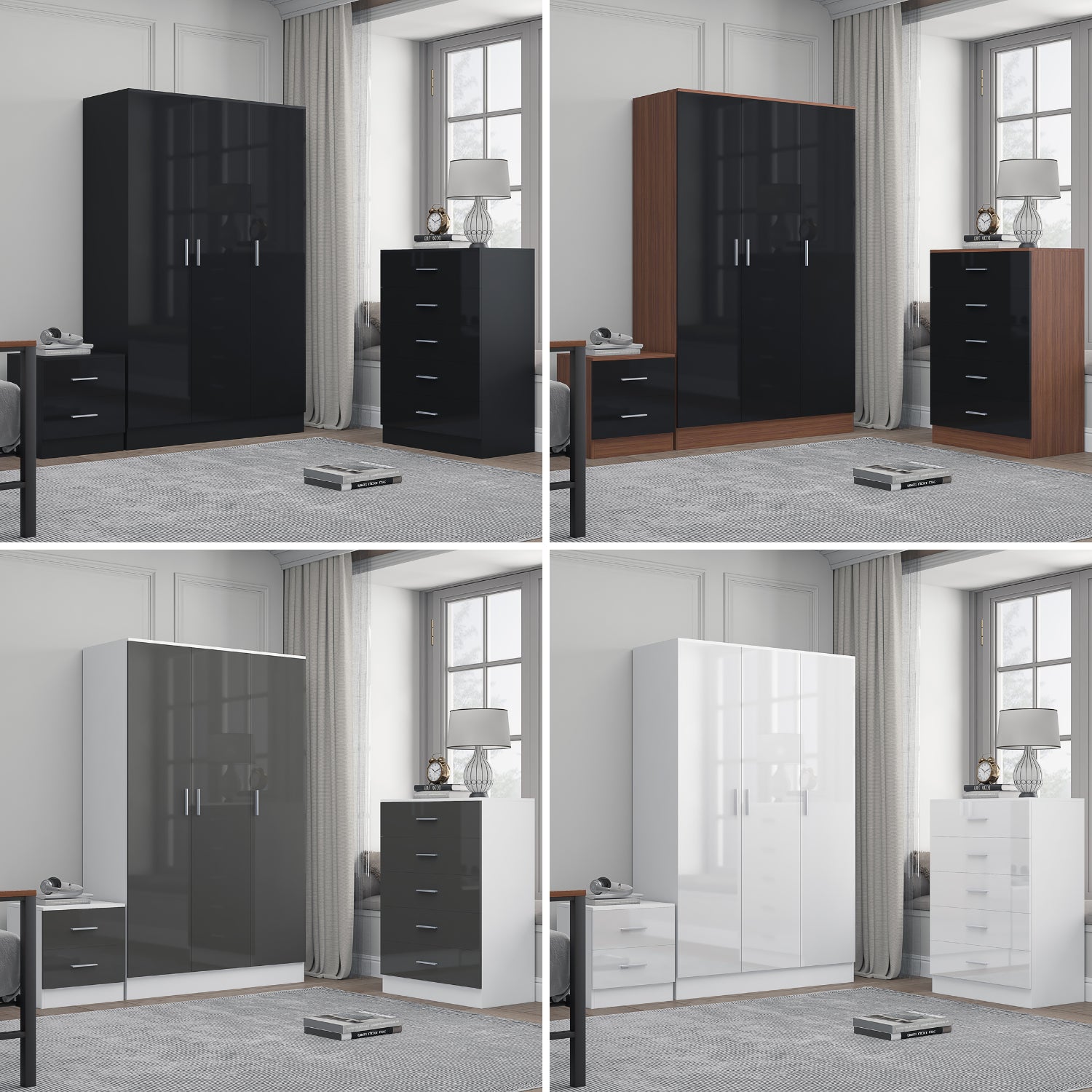 REFLECT Gloss 3pc Bedroom Set - 3 Door Wardrobe + 5 Draw Chest + Bedside