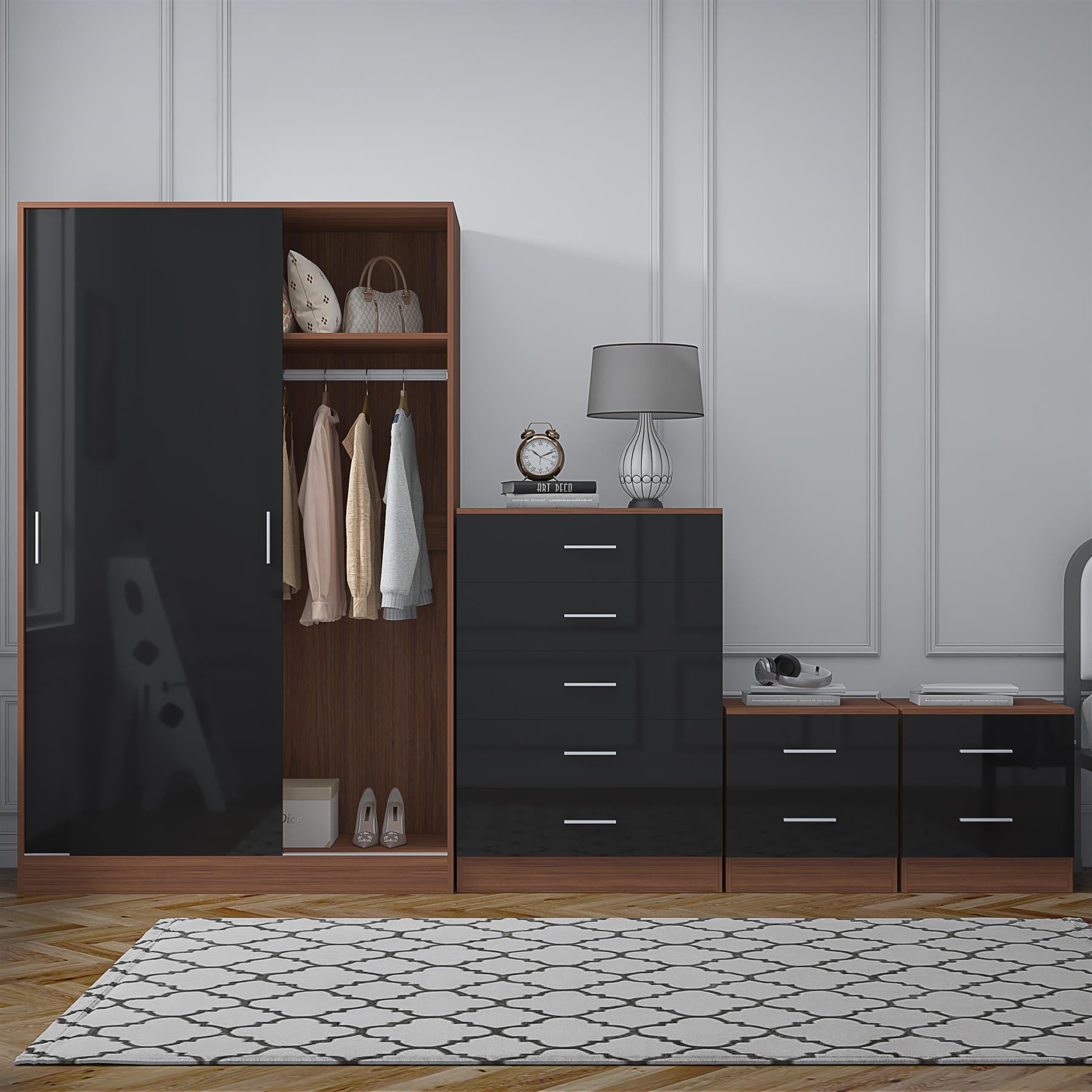 Reflect 2 Door Sliding Wardrobe, 5 Drawer Chest, 2x 2 Drawer Bedsides - Black Gloss & Walnut - Modern Bedroom Furniture Set