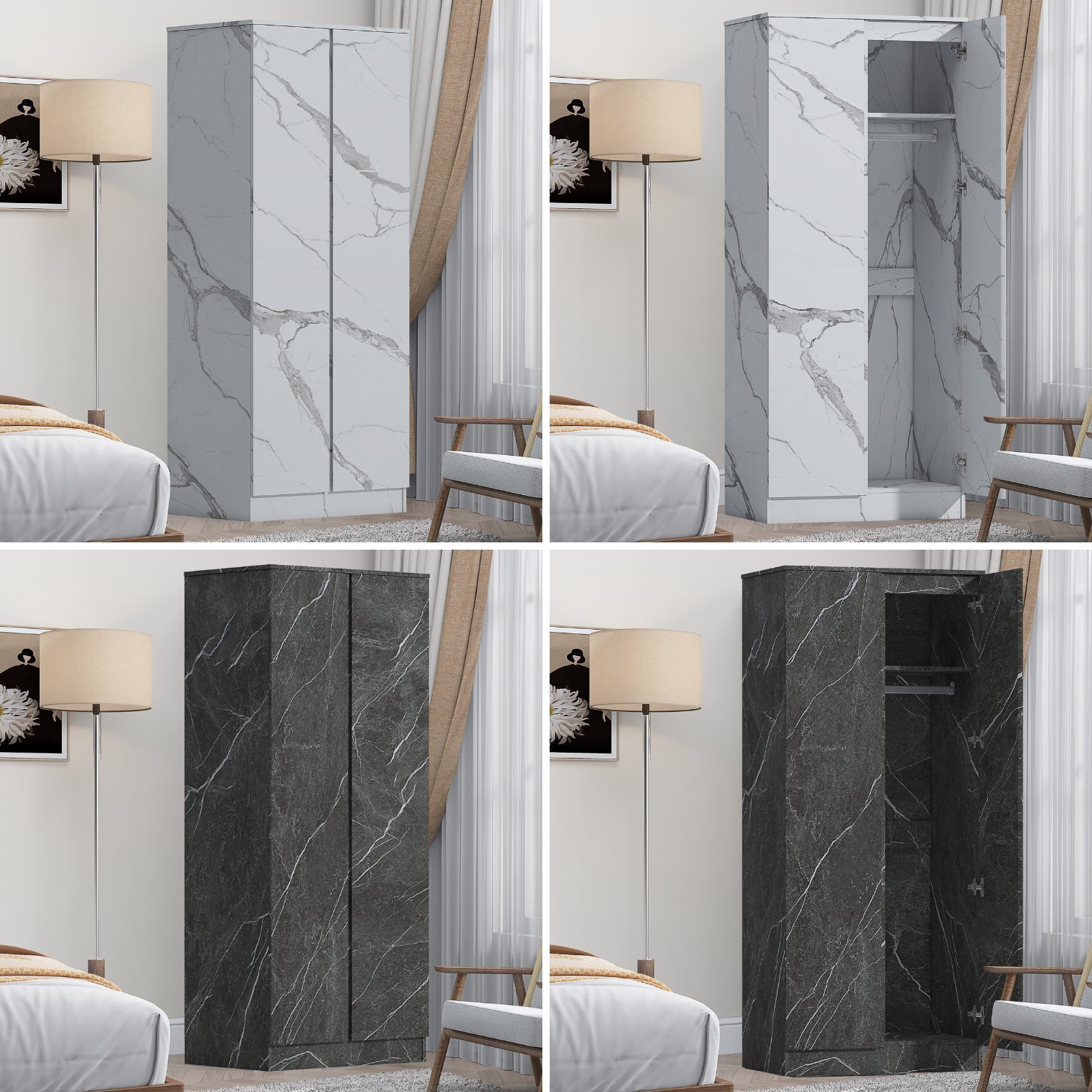 ZITA Bedroom Furniture 2 Door Wardrobe in White OR Grey Marble Colour Option