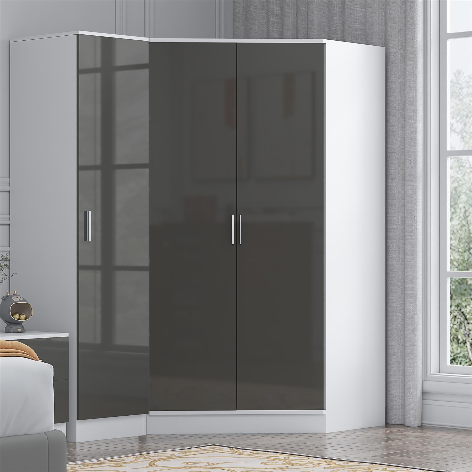 Reflect 2pc Wardrobe Bundle - 2 Door Corner + 1 Door Plain - Grey Gloss & Matt White - H: 180cm x W: 179cm x D: 103cm