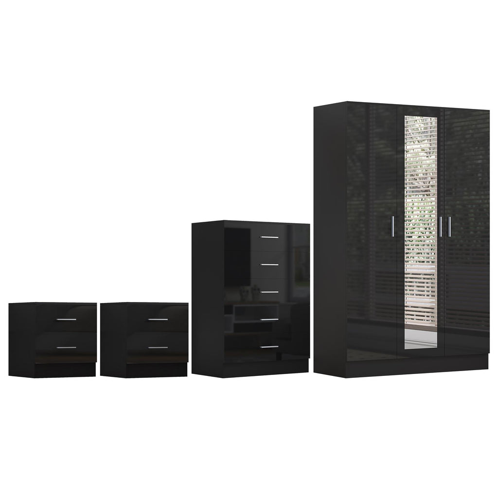 REFLECT Gloss 4pc Set - 3 Door Mirrored Wardrobe + 5 Draw Chest + 2 Bedsides
