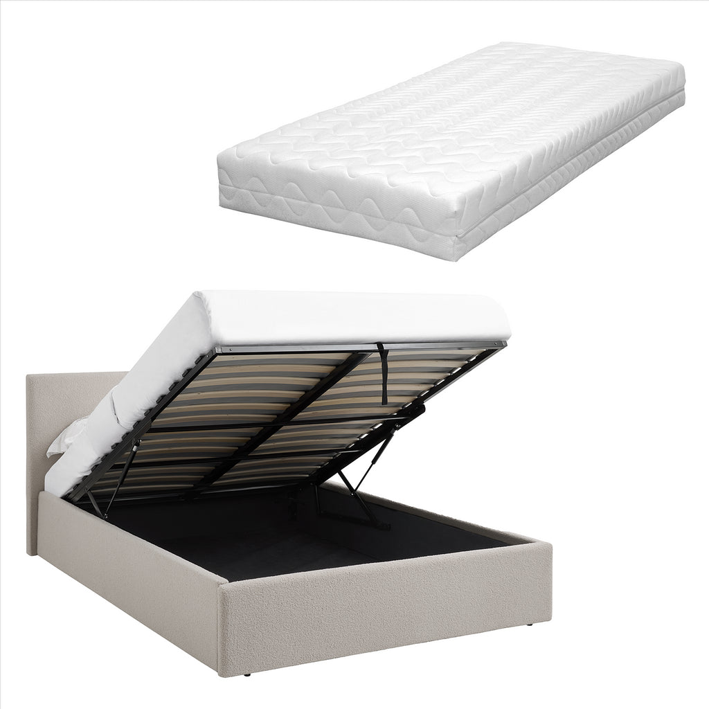 TEDDY BOUCLE 5FT King Beige Ottoman Storage Bed Gas Lift Up - (L) 220cm x (W) 170cm (H) 113cm with Memory Foam & Spring Mattress
