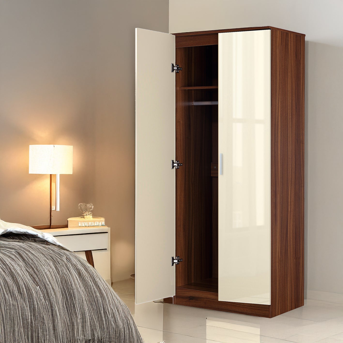 Reflect 2 Door Plain Wardrobe - Cream Gloss & Walnut - Hanging Rails & Shelves - H: 180cm x W: 76cm - Modern Sleek Design