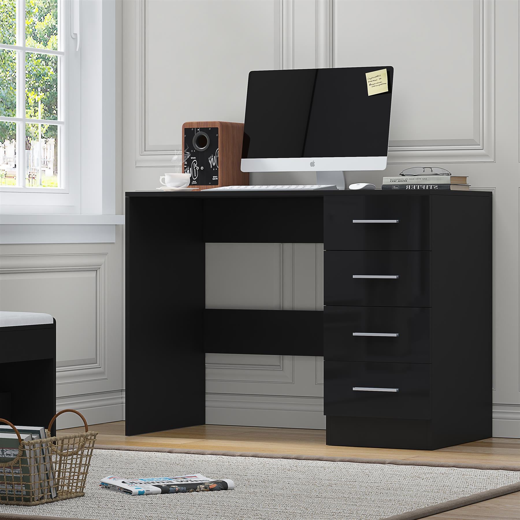 Reflect 4 Drawer Desk - Black Gloss & Black Oak - Modern Bedroom Storage for Vanity, Work or Study - H: 72cm x W: 99cm x D: 39.5cm