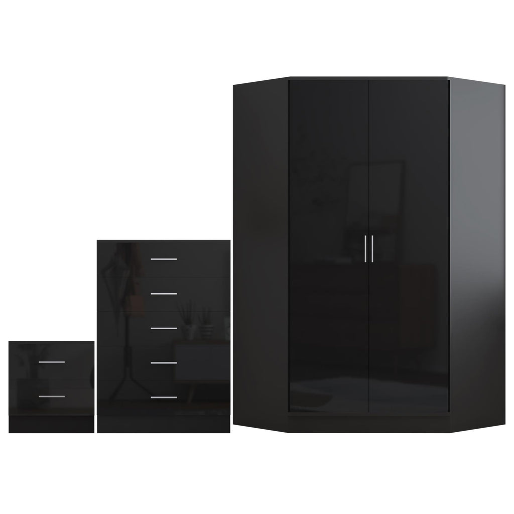 REFLECT Gloss 4pc Set - 2 Door Corner Wardrobe + 5 Draw Chest + Bedside