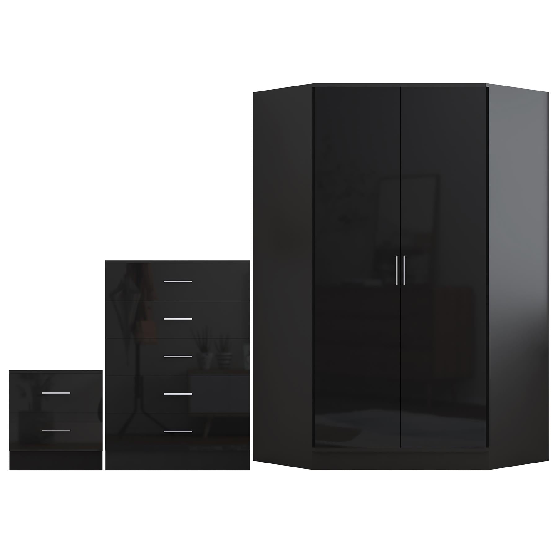 REFLECT Gloss 4pc Set - 2 Door Corner Wardrobe + 5 Draw Chest + Bedside