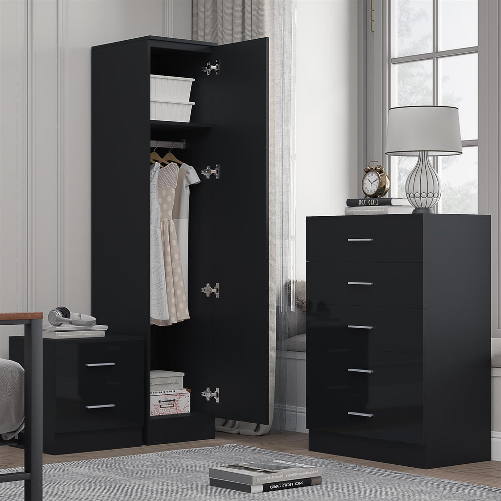 Reflect 1 Door Plain Wardrobe, 5 Drawer Chest, 2 Drawer Bedside - Black Gloss & Black Oak - Bedroom Furniture Set