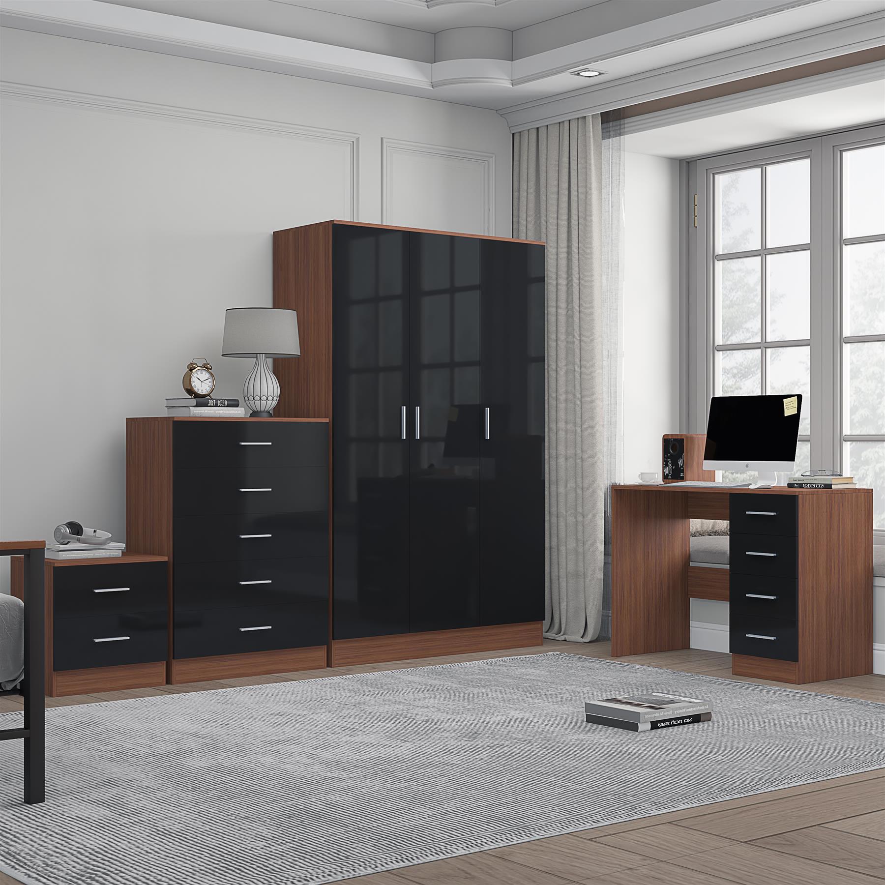Reflect 3 Door Plain Wardrobe, 5 Drawer Chest, 2 Drawer Bedside & Desk - Black Gloss & Walnut - Modern Bedroom Furniture Set