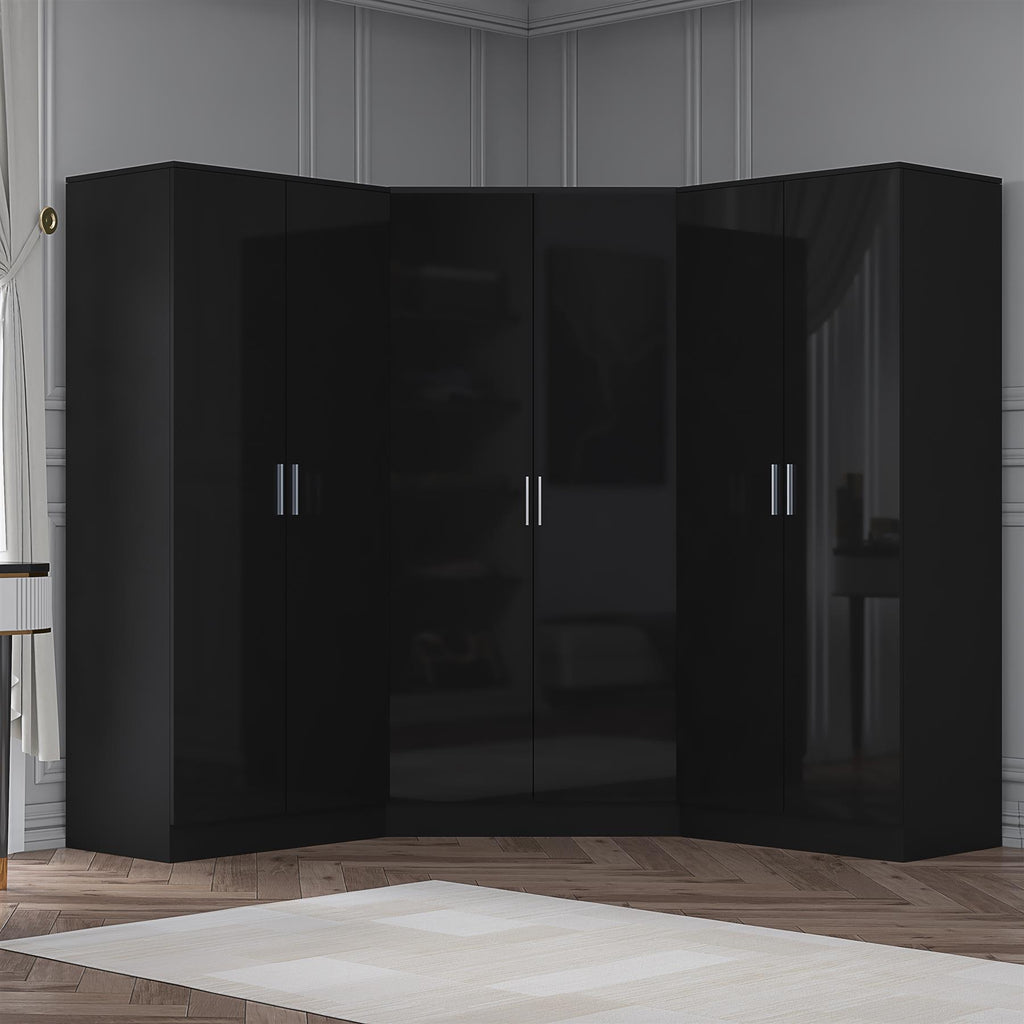Reflect 3pc Wardrobe Bundle - 2 Door Corner + 2x 2 Door Plain - Black Gloss & Black Oak