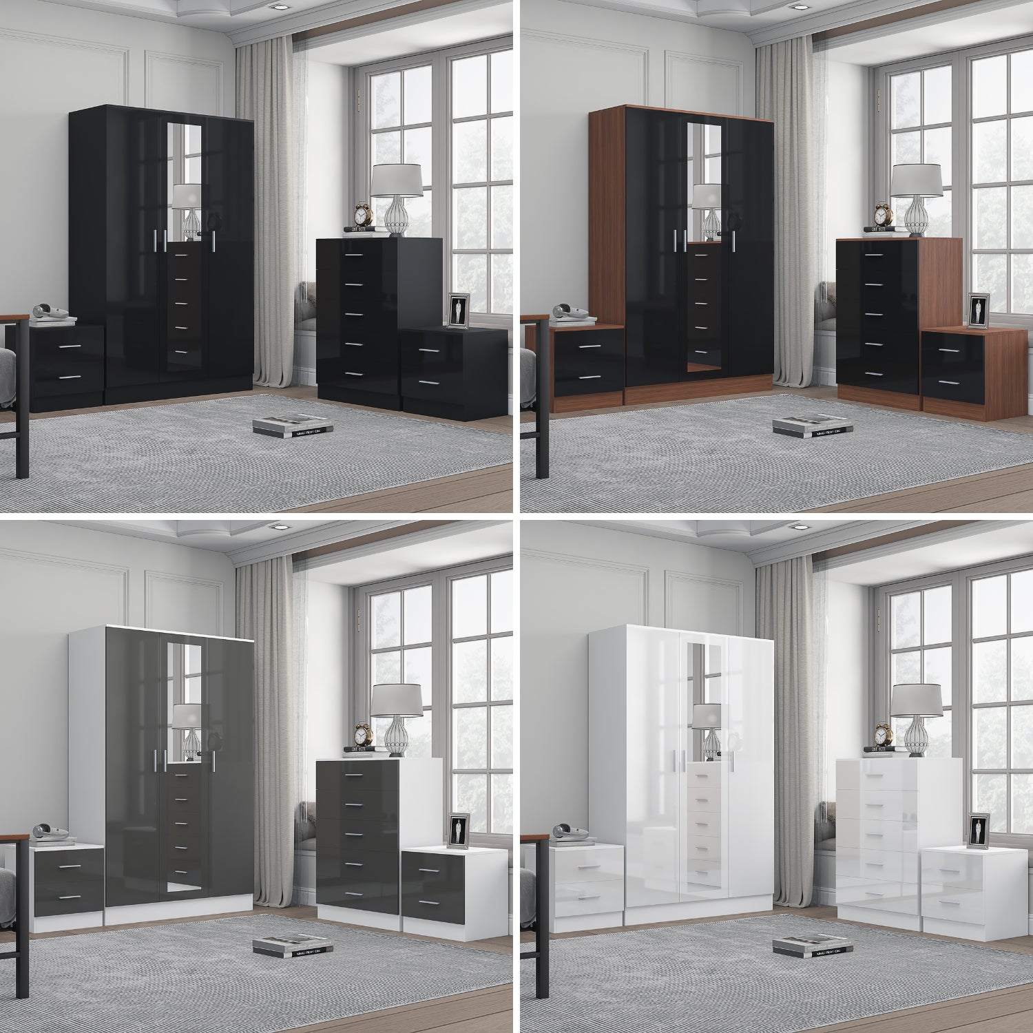 REFLECT Gloss 4pc Set - 3 Door Mirrored Wardrobe + 5 Draw Chest + 2 Bedsides