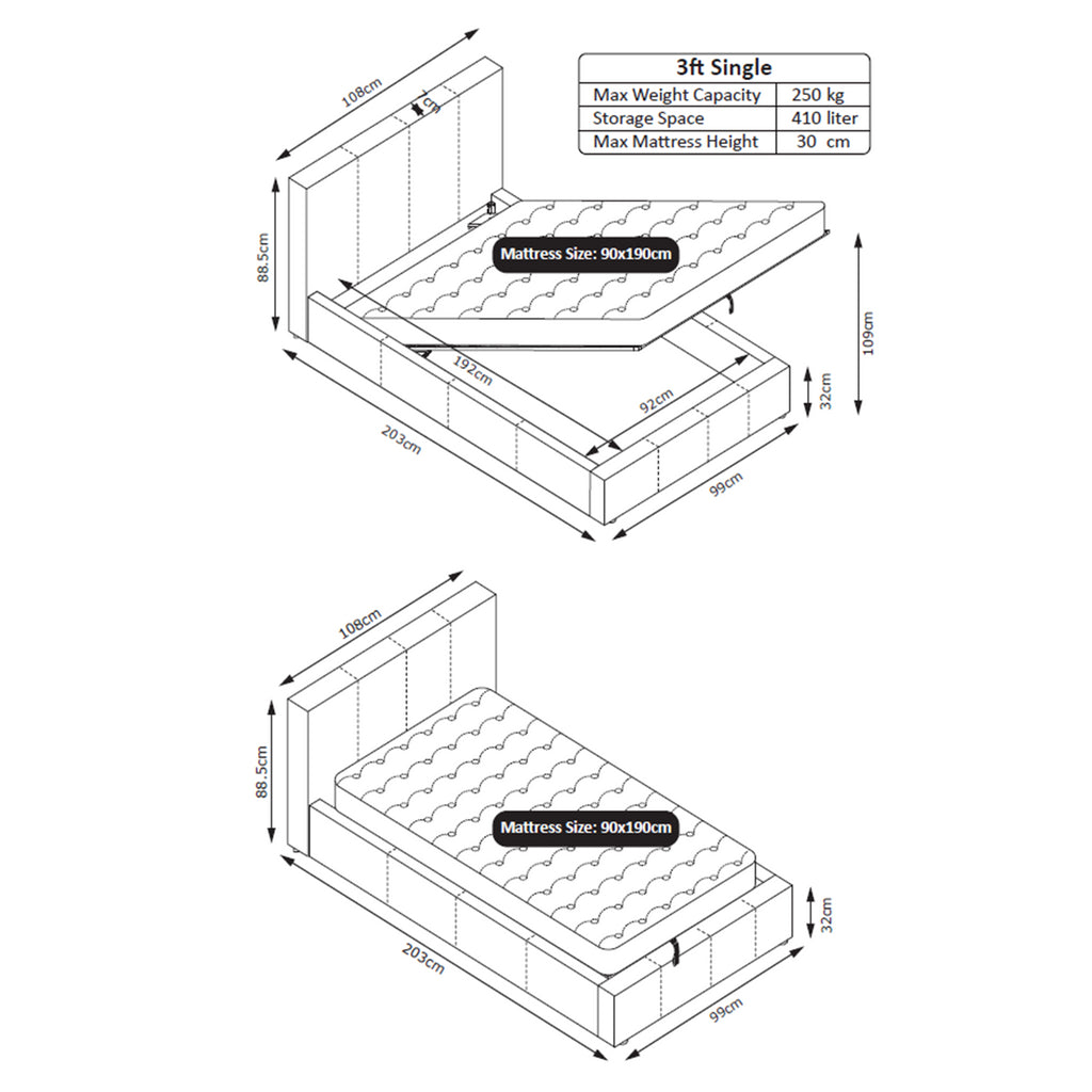 TEDDY BOUCLE 3FT Single Gas Lift Up Ottoman Storage Bedframe(White)